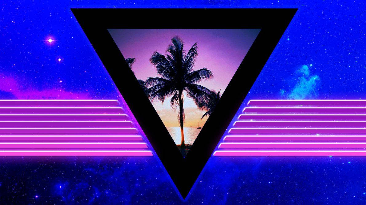 Aesthetic Retro 桌布 壁紙 — 一個黑色三角形內框著棕櫚樹剪影，背景是帶有霓虹粉紅條紋的宇宙紫藍色天空。