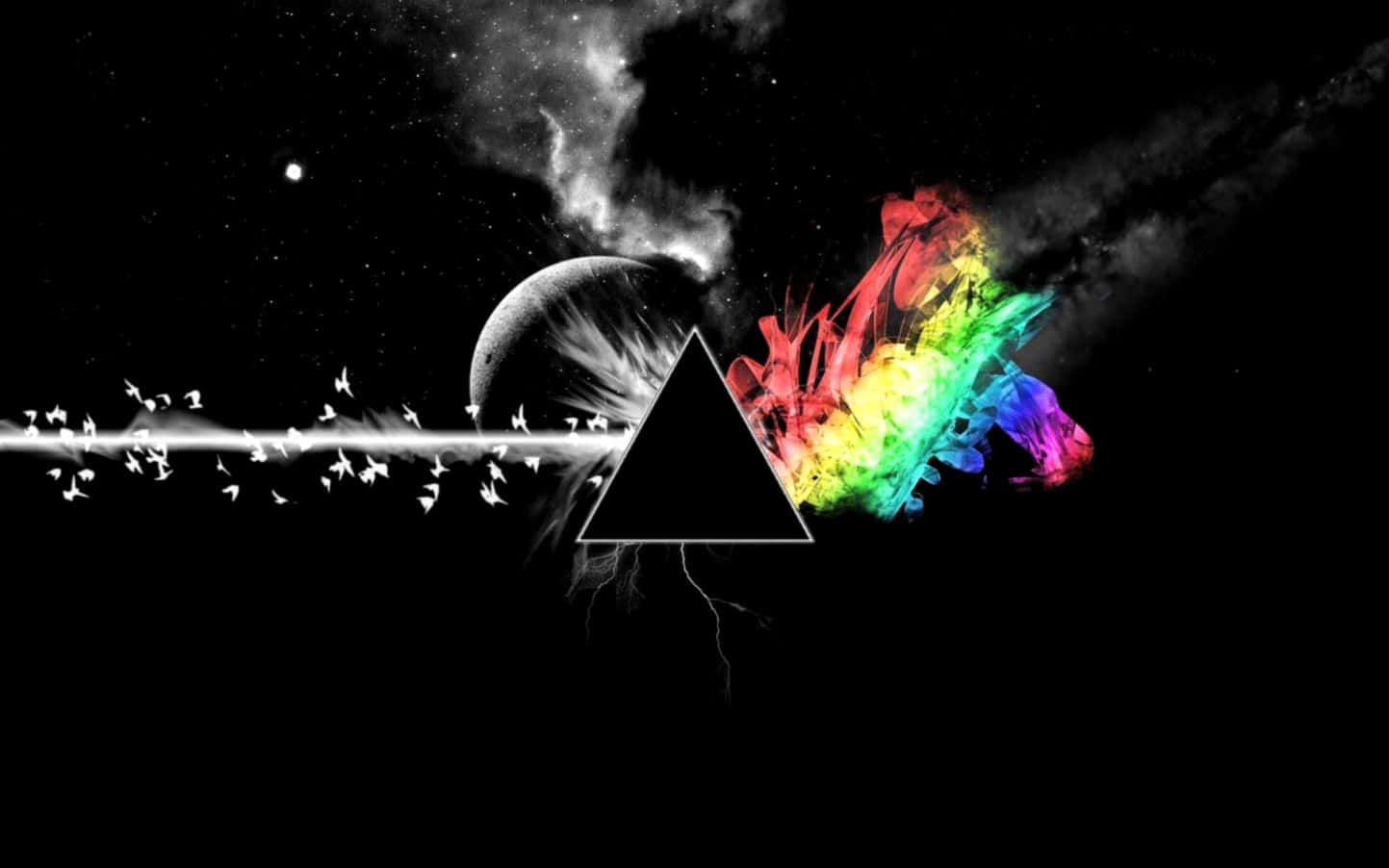 迷幻 桌布 壁紙 — 一個黑色三角形將一個宇宙場景分割開來，場景中有一個單色行星和充滿活力的彩虹爆炸，背景是星空虛空。
