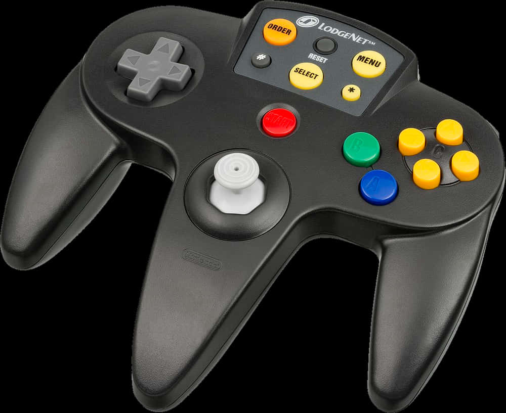 Product 桌布 壁紙 — 一個黑色任天堂GameCube手把，帶有色彩繽紛的按鈕和類比搖桿，置於純黑背景前。