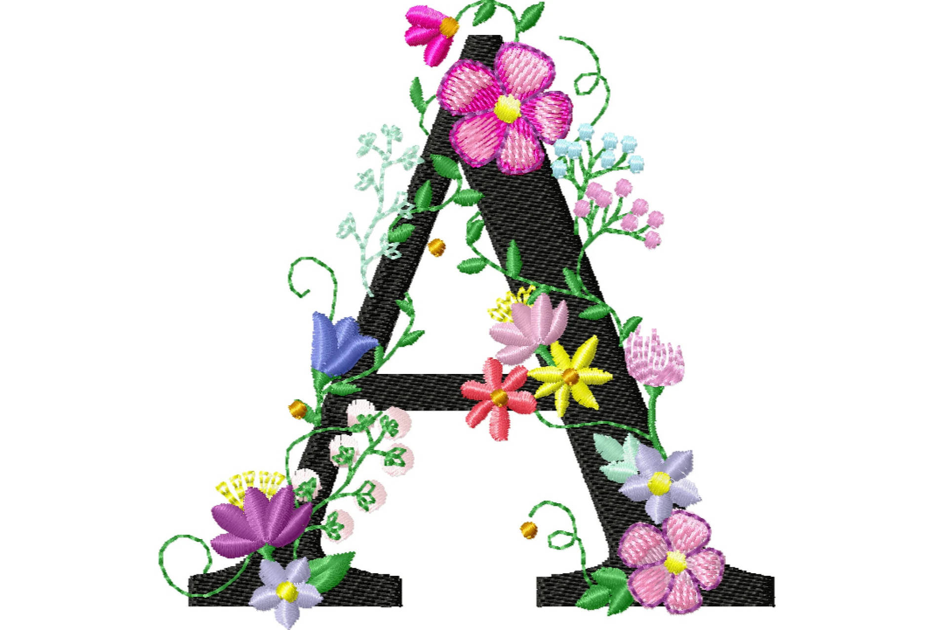 Letter A 桌布 壁紙 — 一個黑色刺繡字母A，飾以色彩繽紛的花朵和綠色藤蔓，背景為白色。