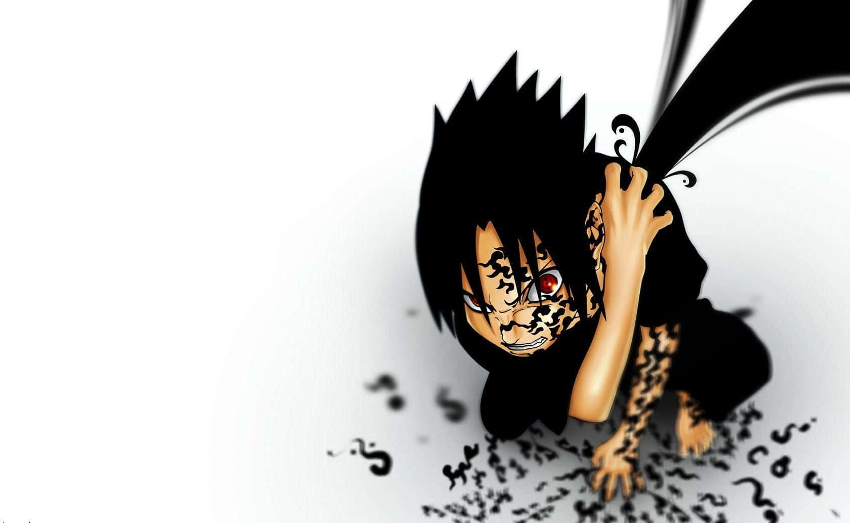 Sasuke Uchiha Cursed Mark 桌布 壁紙 — 一個黑色刺蝟頭、紅眼睛的動漫角色，在純白背景上向前爬行，身上有黑色紋路蔓延。