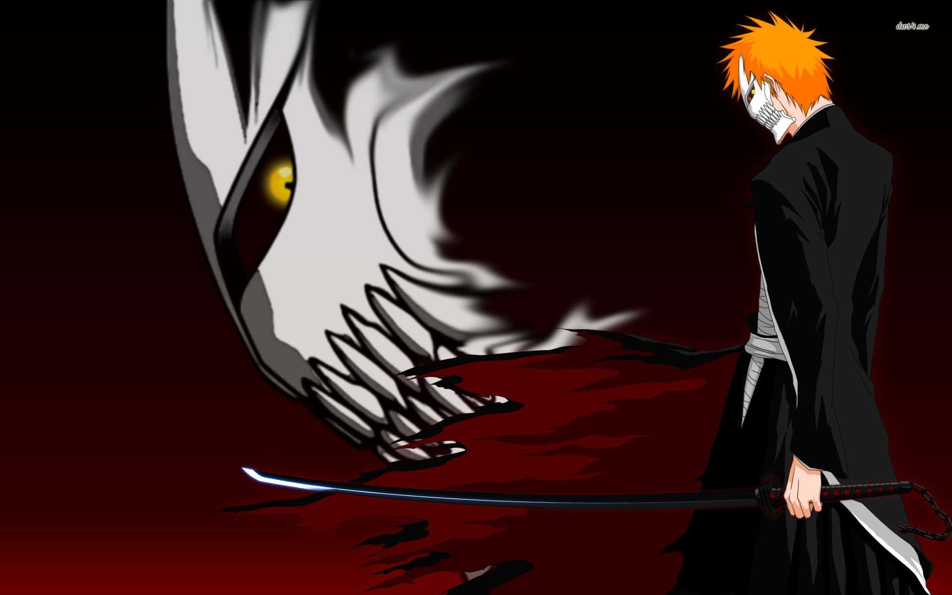 Ichigo Final Form 桌布 壁紙 — 一個黑色刺蝟頭動漫戰士手持劍，面對一個有黃色眼睛的巨大白色骷髏，背景為深紅色。