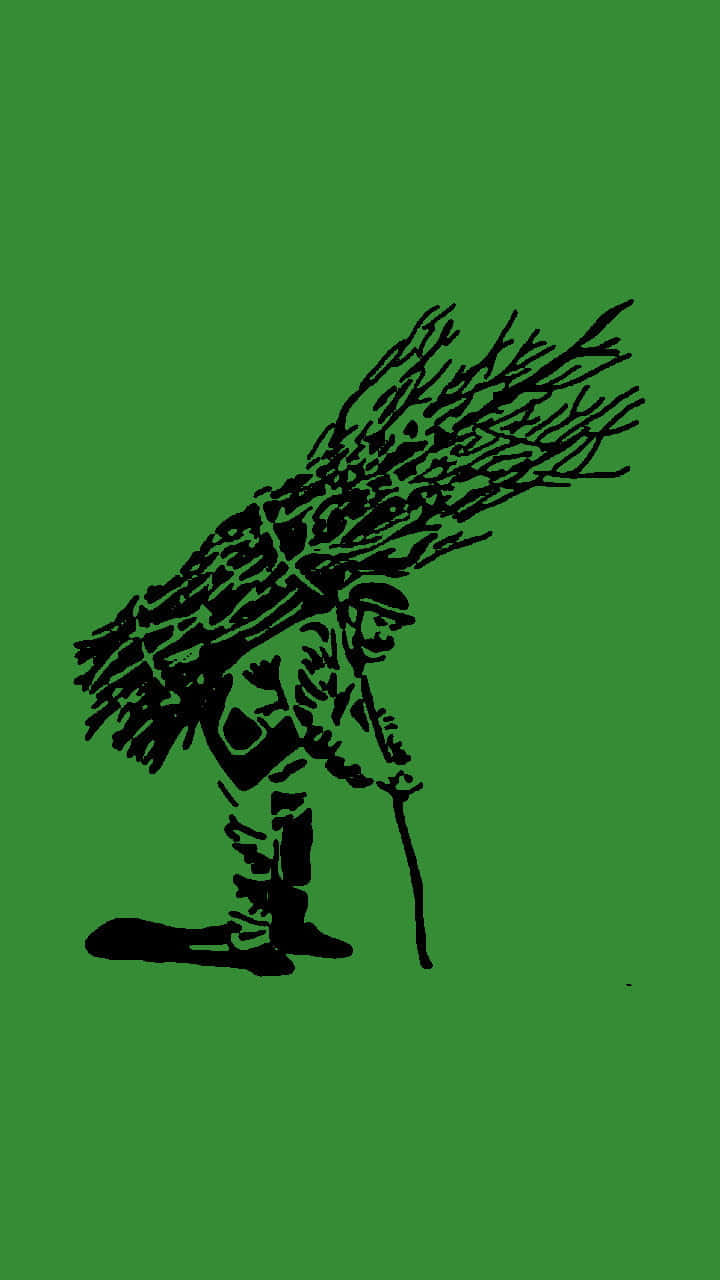 Green Minimalistic 桌布 壁紙 — 一個黑色剪影，一個人彎腰背著一捆沉重的樹枝，背景是純綠色。