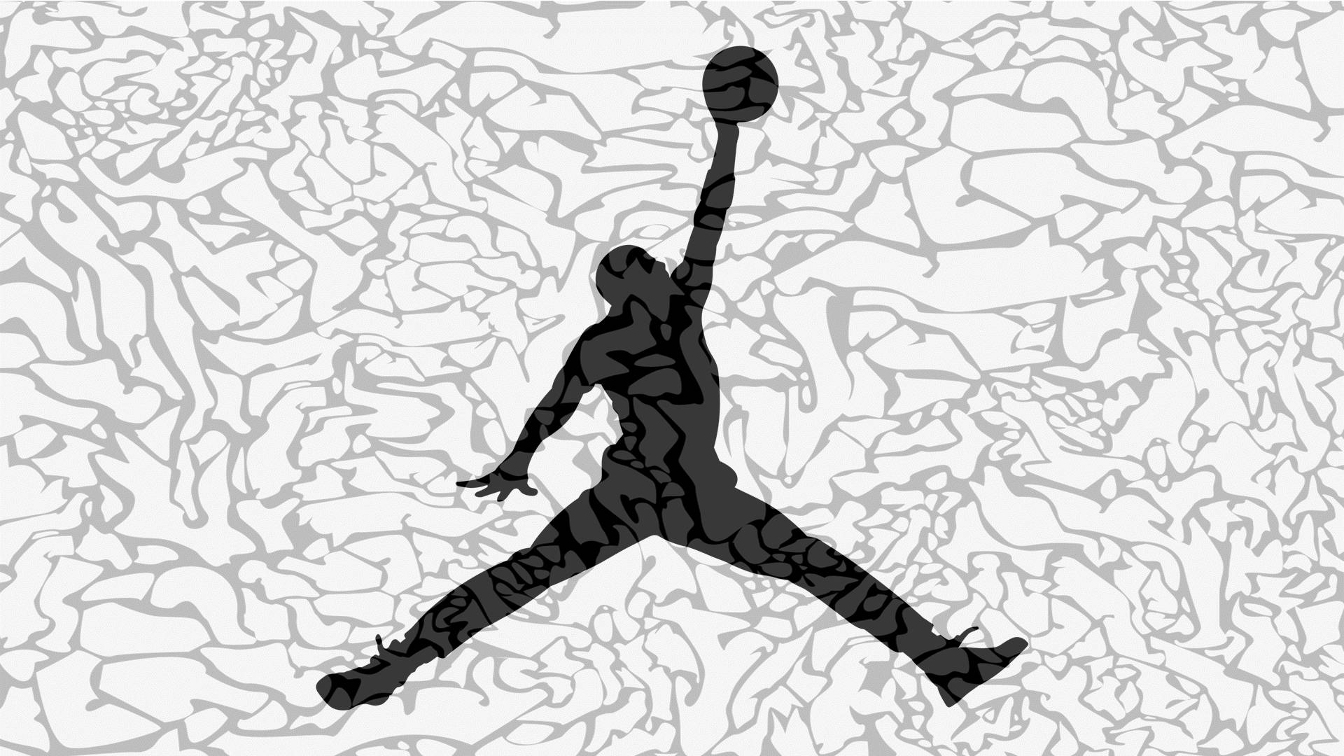 Jordan Logo 桌布 壁紙 — 一個黑色剪影，描繪籃球運動員在半空中灌籃，背景為有紋理的灰色和白色。