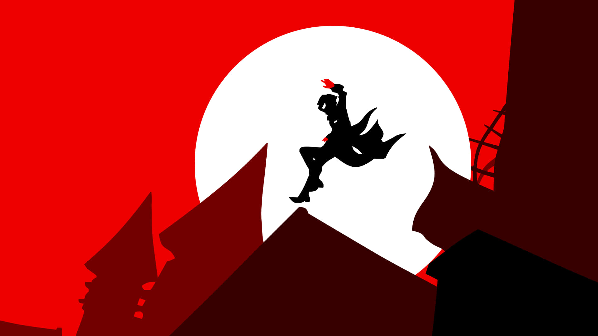 Silhouette 桌布 壁紙 — 一個黑色剪影的人物在屋頂之間跳躍，背景是強烈的紅色天空和一個巨大的白色月亮。
