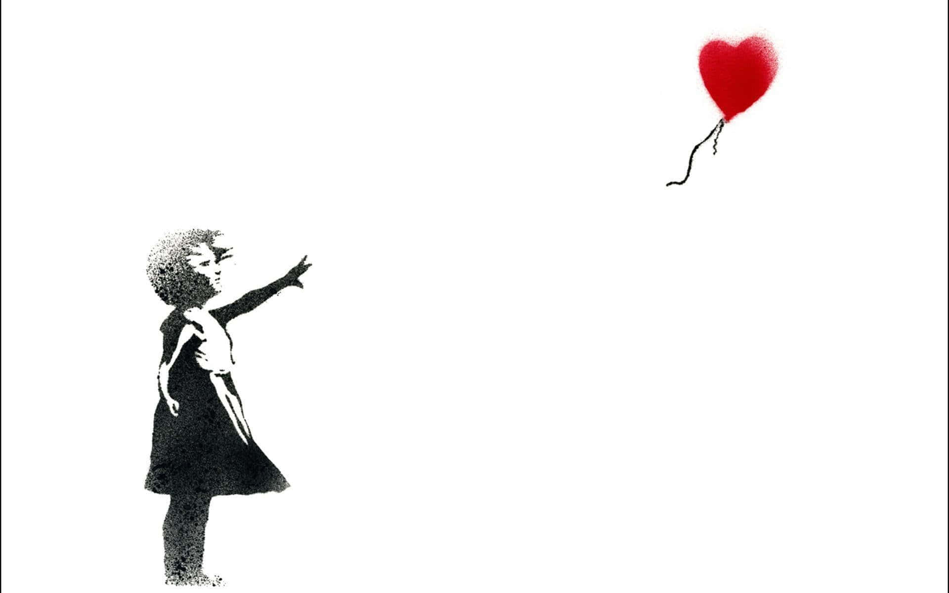 Banksy 桌布 壁紙 — 一個黑色剪影的小孩向著純白背景上漂浮的紅色心形氣球伸出手。