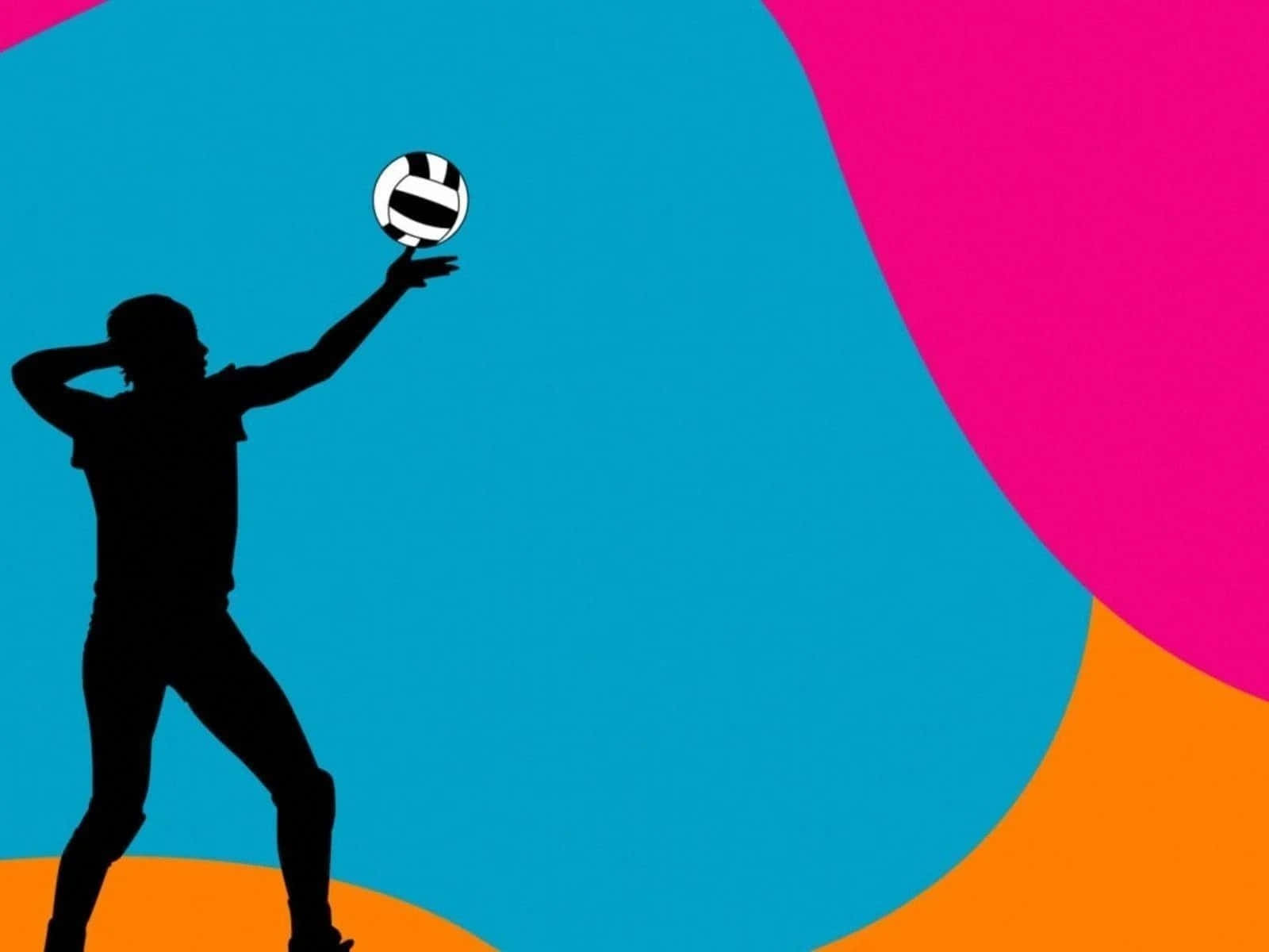 volleyball 4K 桌布 壁紙 — 一個黑色剪影的排球運動員正在將球設置在充滿活力的抽象背景上，背景有藍色、粉紅色和橙色的曲線。