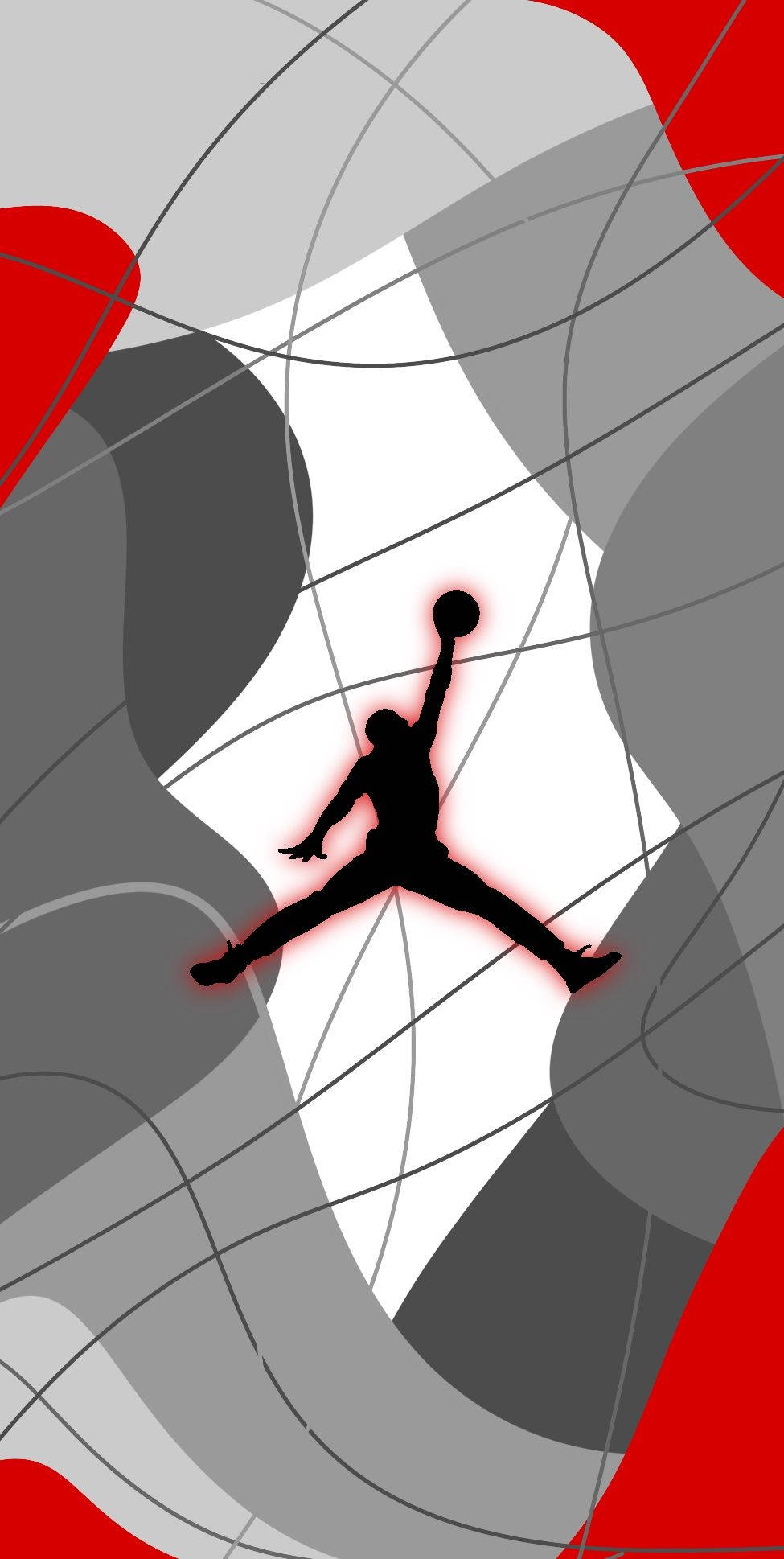 Jordan Logo 桌布 壁紙 — 一個黑色剪影的籃球運動員在半空中灌籃，背景是動態抽象的灰色漩渦和紅色點綴。