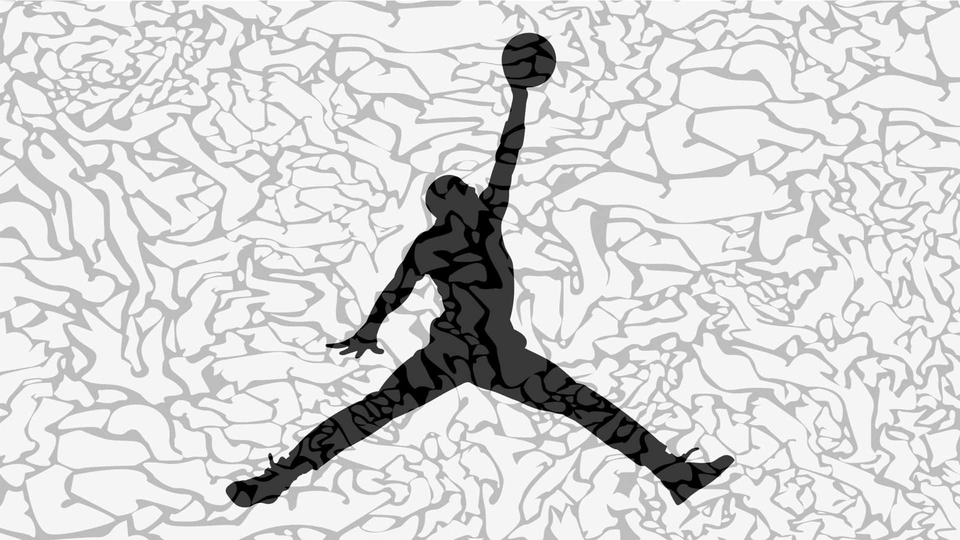 1080p Basketball 桌布 壁紙 — 一個黑色剪影的籃球運動員在半空中灌籃，背景是帶紋理的灰色和白色抽象圖案。