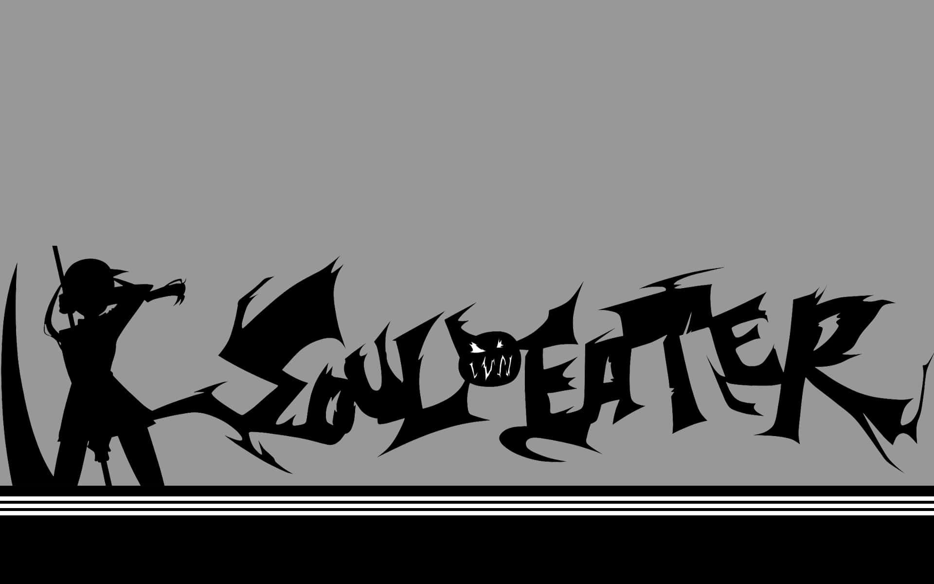 桌布 壁紙 — 一個黑色剪影角色手持劍，站在鋸齒狀的「SOUL EATER」標誌旁邊，背景為灰色。