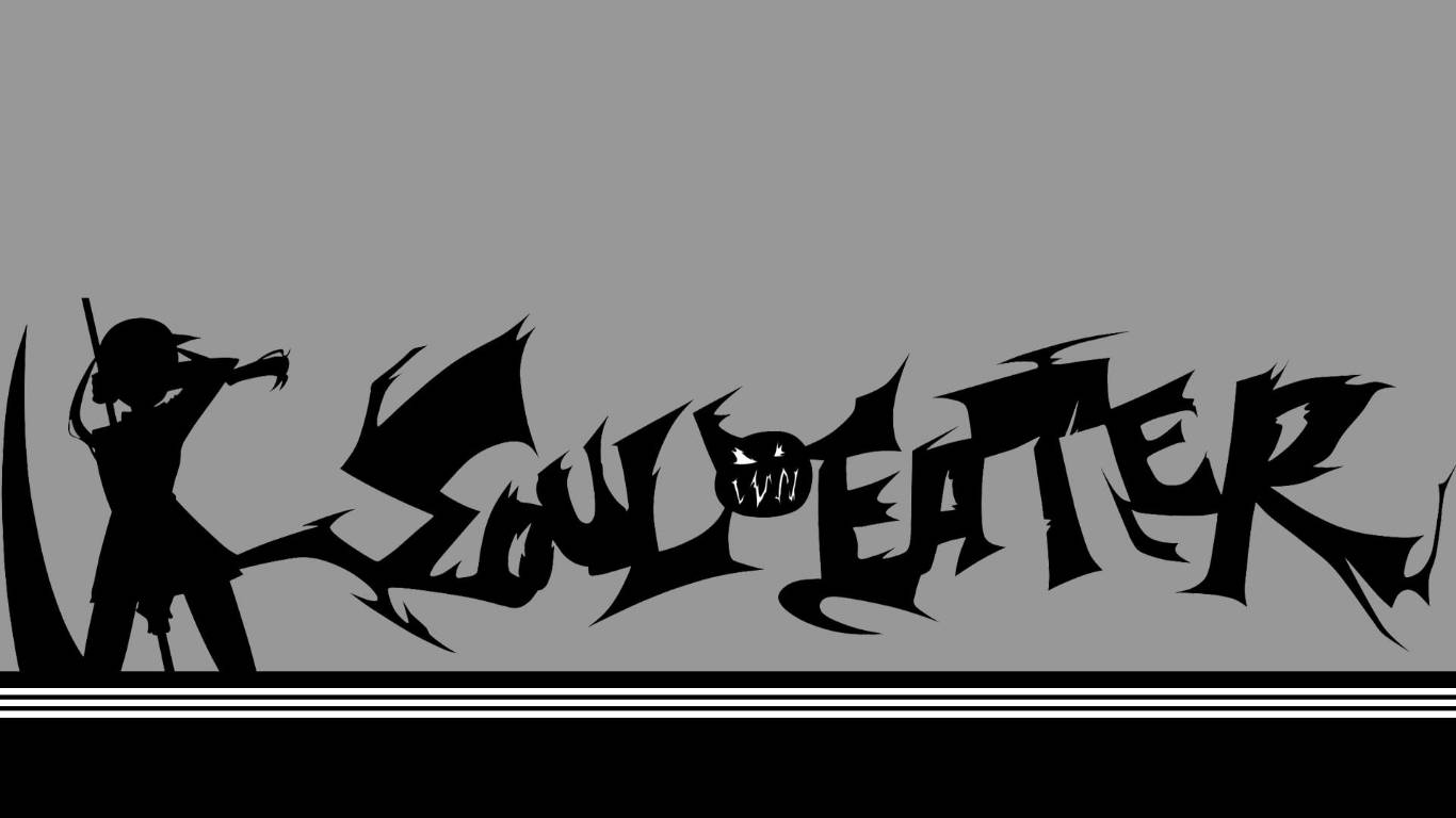 Soul Eater Characters 桌布 壁紙 — 一個黑色剪影角色手持鐮刀，站在灰色背景上鋸齒狀的「Soul Eater」標誌旁邊。