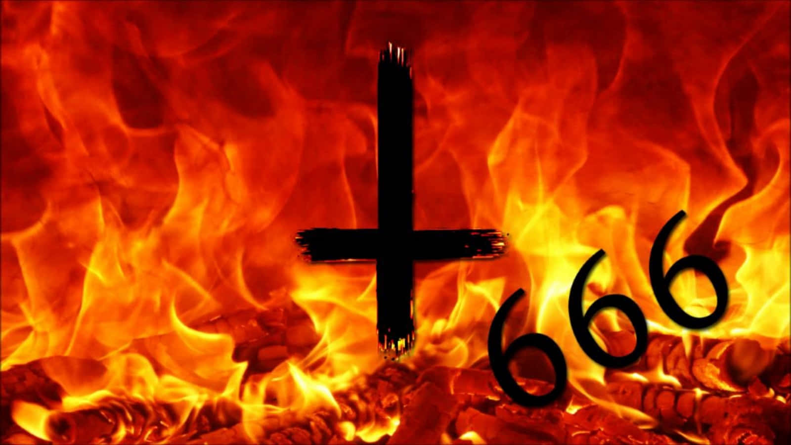 猛烈火焰中的黑色十字架和數字666。 — 撒旦 GIF 壁紙
