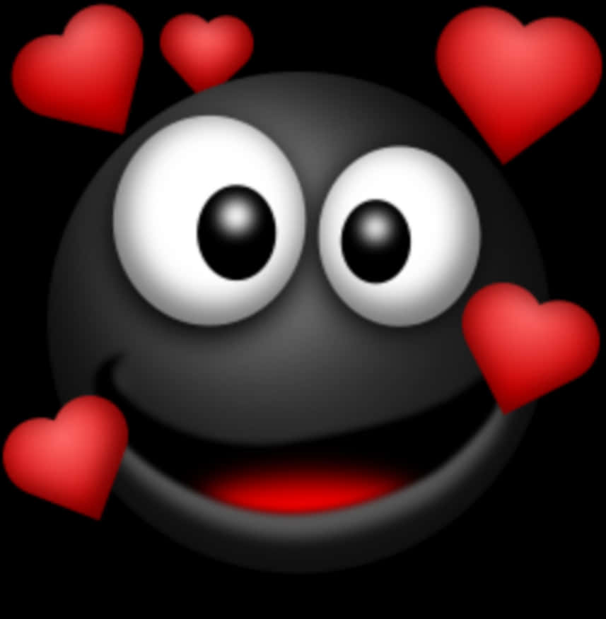 Love Emoji 桌布 壁紙 — 一個黑色卡通表情符號，有大眼睛和寬闊的笑容，被漂浮的紅色心形環繞在深色背景上。