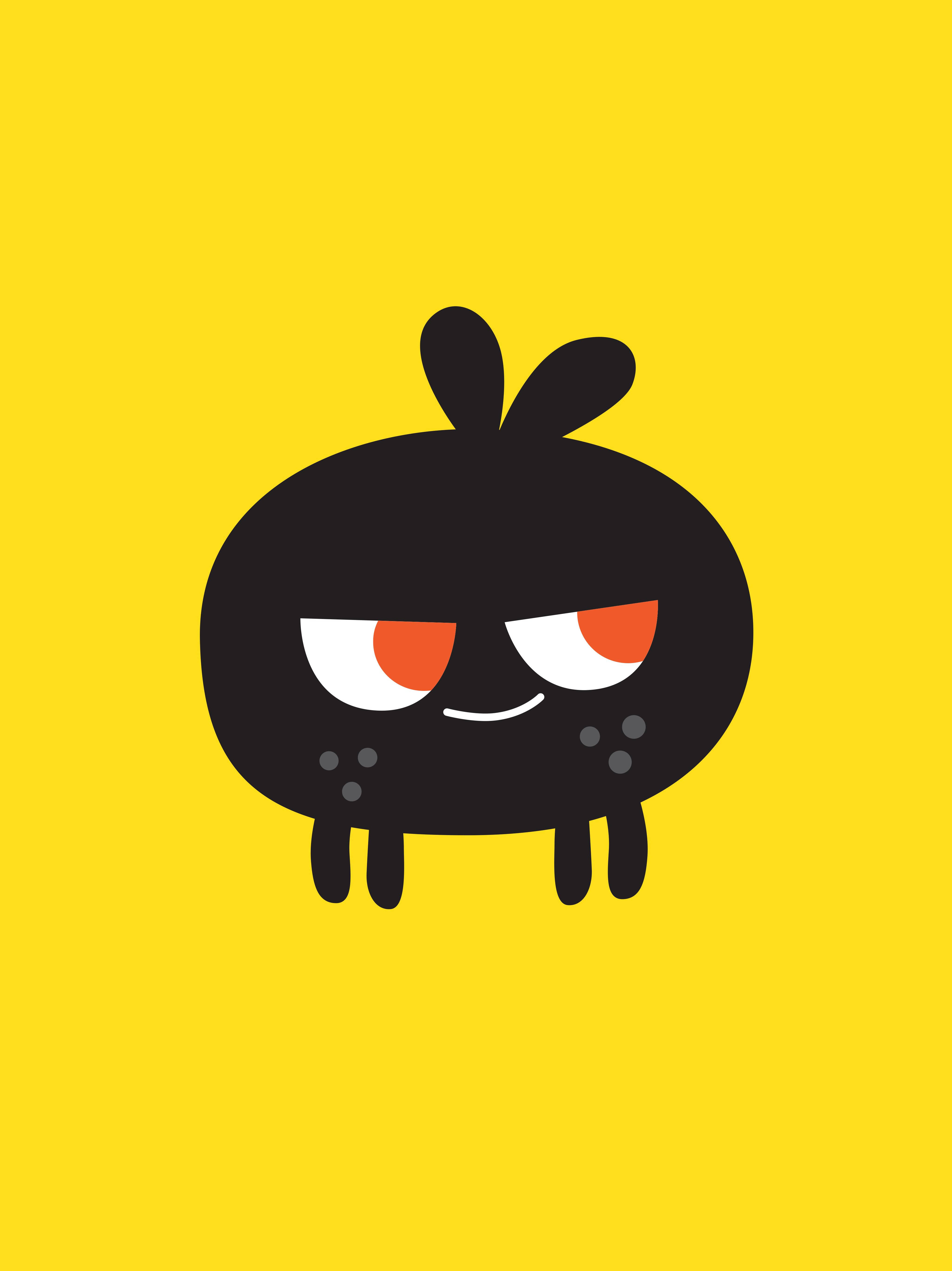 Toca 桌布 壁紙 — 一個黑色卡通角色，擁有橙色眼睛和得意的笑容，站在亮黃色背景前。