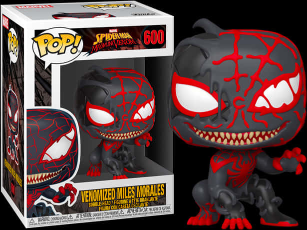 Clip Art 桌布 壁紙 — 一個黑色和紅色的毒液化邁爾斯·莫拉萊斯 Funko Pop! 人偶，帶有發光的白色眼睛和鋒利的牙齒，展示在其收藏盒旁邊。