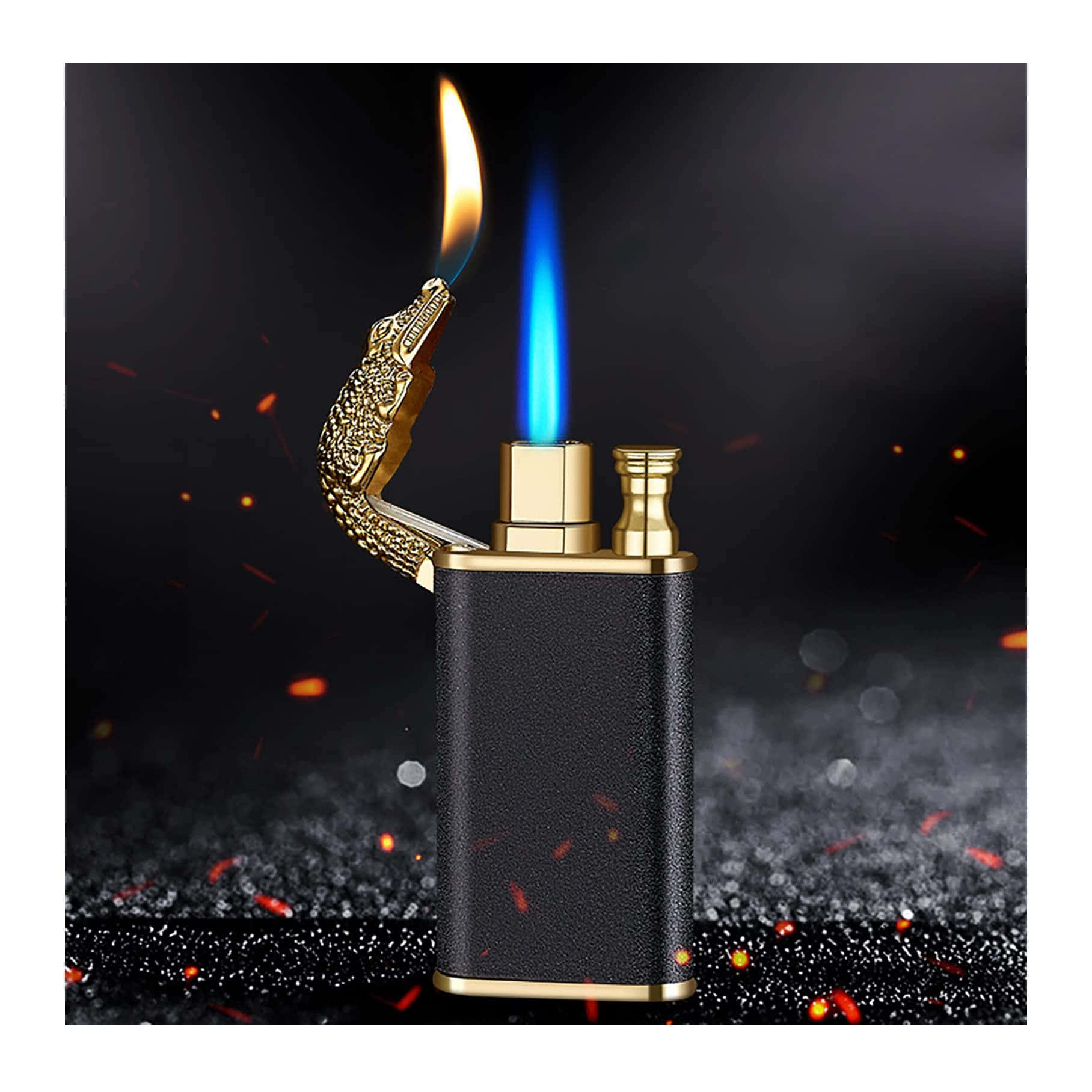 lighter 桌布 壁紙 — 一個黑色和金色的龍頭打火機，帶有雙重火焰，一個橙色和一個藍色，火花在黑暗煙霧背景中飛舞。