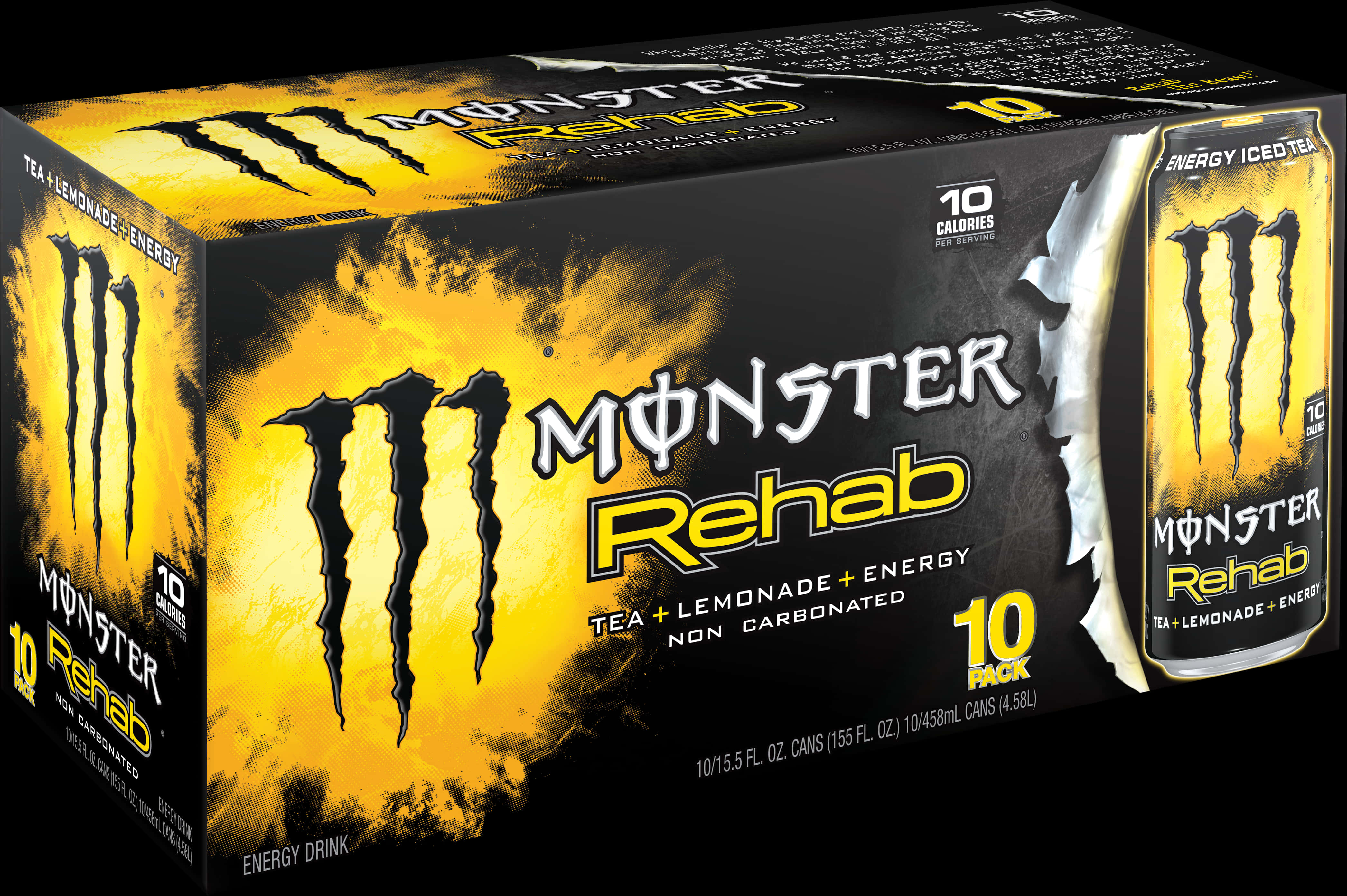 Monster Energy Drink 桌布 壁紙 — 一個黑色和黃色的Monster Rehab能量飲料盒，罐子探出頭來，帶有醒目的爪痕和文字。