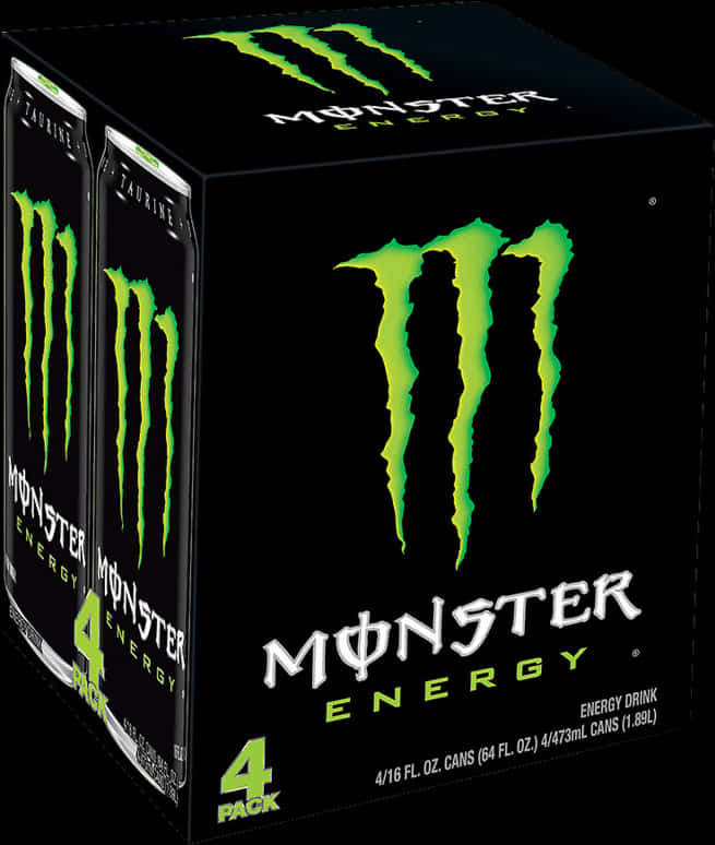 Monster Energy Drink 桌布 壁紙 — 一個黑色四罐裝的Monster Energy飲料盒，帶有發光的綠色標誌，罐子在深色背景下可見。