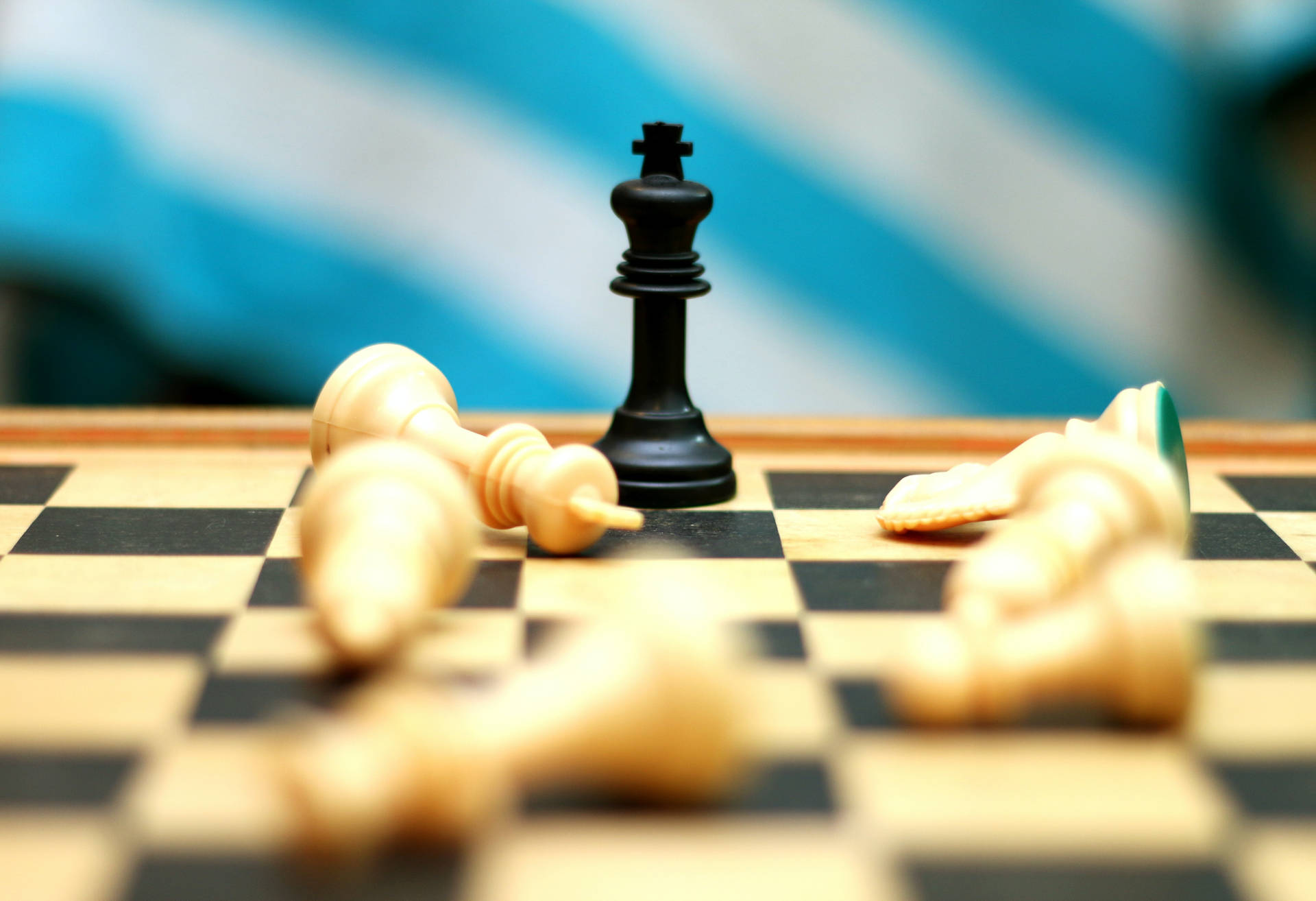 遊戲 桌布 壁紙 — 一個黑色國王棋子高高立在棋盤上，周圍是倒下的白色棋子，背景是模糊的藍白條紋。