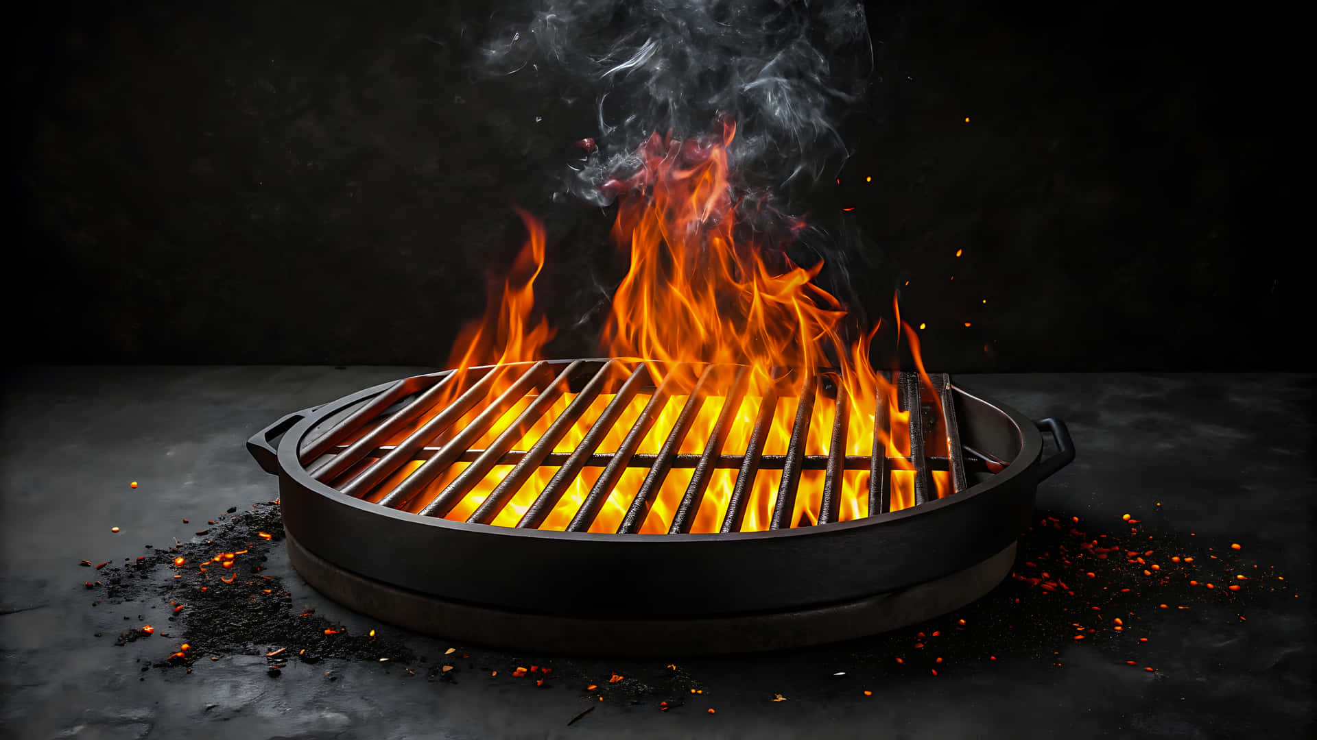 Burning flames rising from a hot grill ready for barbecue cooking 壁紙 — 一個黑色圓形烤架在黑暗背景下明亮地燃燒，帶有橙色火焰和升起的煙霧。