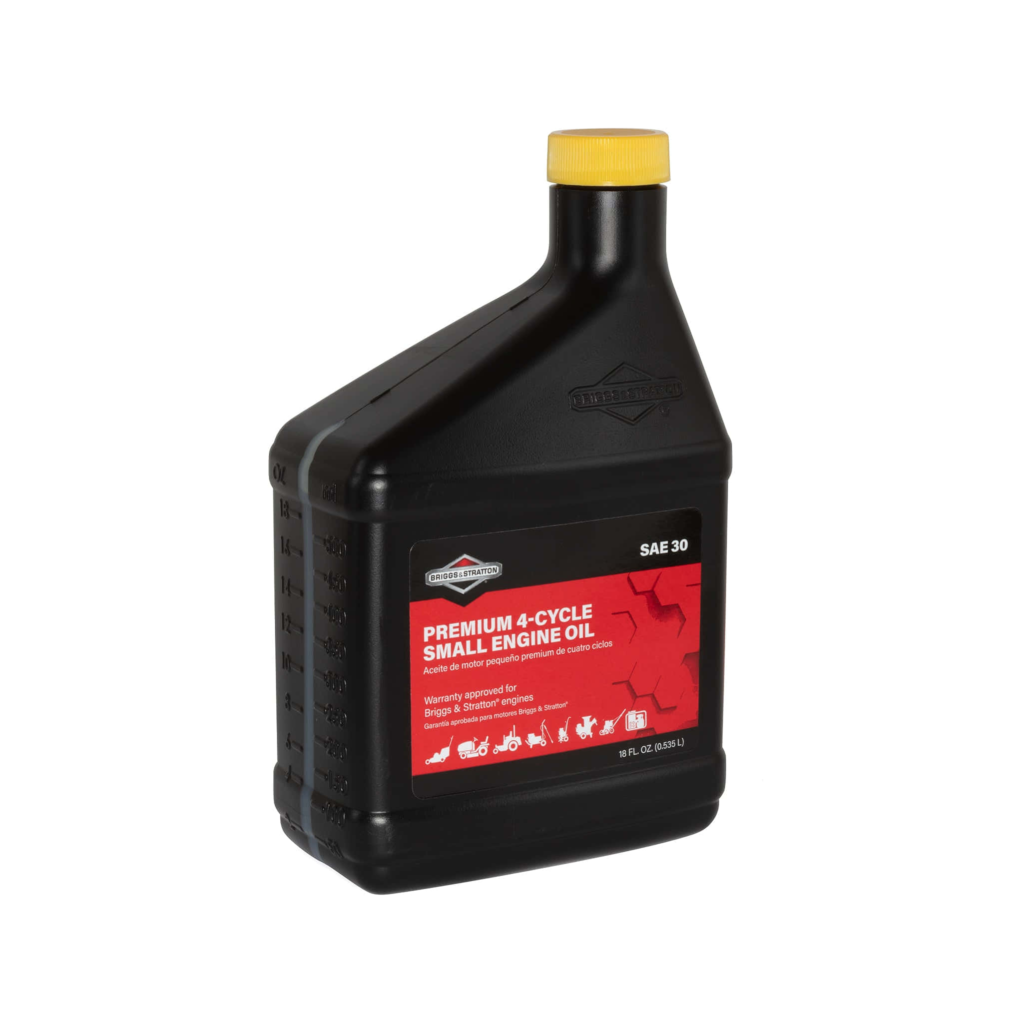 引擎油 桌布 壁紙 — 一個黑色塑膠瓶，裝有 Briggs & Stratton 優質四循環小型引擎機油，帶紅色標籤和黃色瓶蓋。