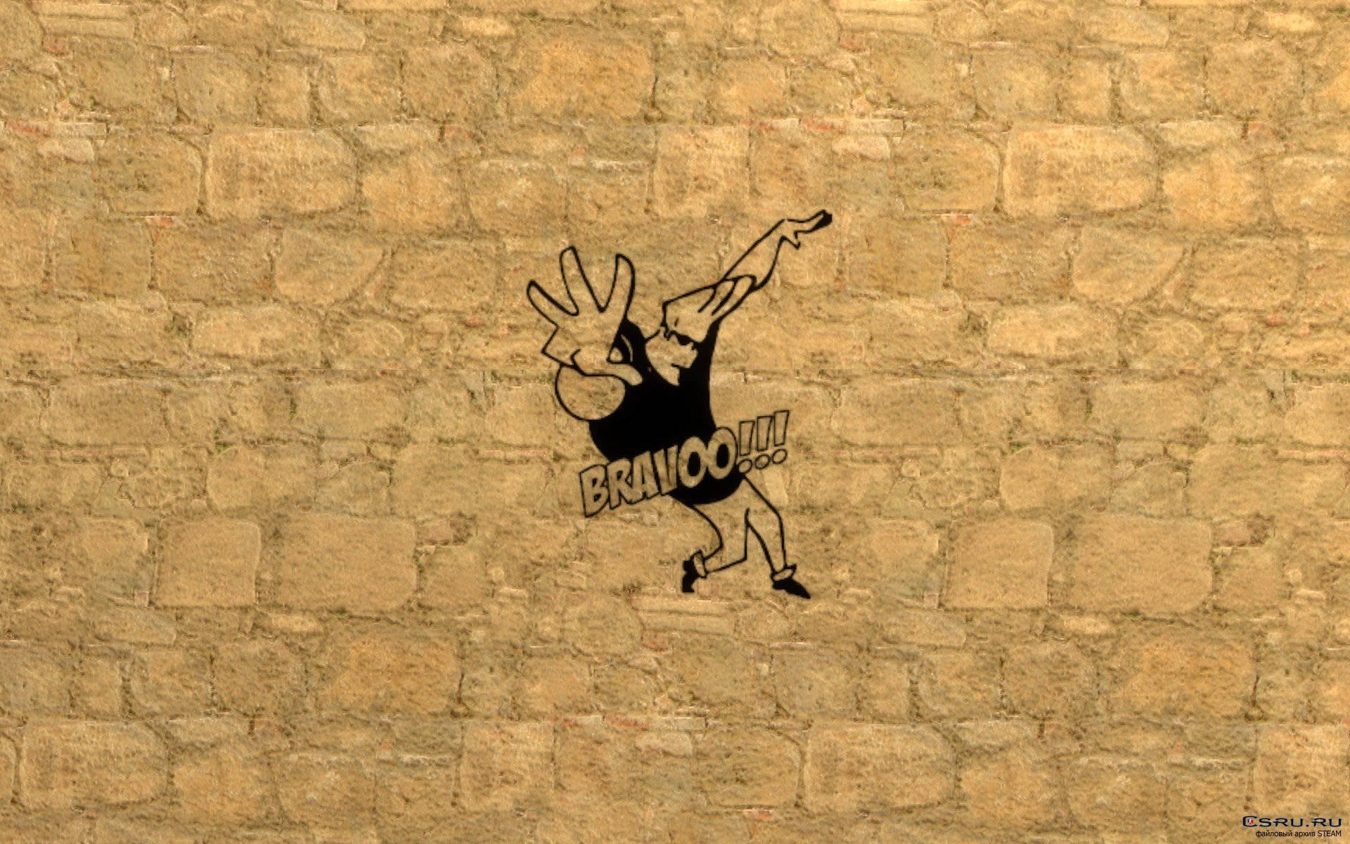 Johnny Bravo 桌布 壁紙 — 一個黑色塗鴉風格卡通角色以 dab 姿勢出現，並帶有 'BRAVOO!!!' 文字在紋理石牆上。