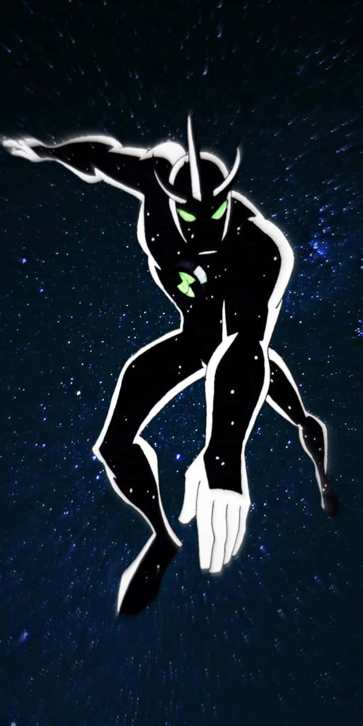 Ben 10 桌布 壁紙 — 一個黑色外星超級英雄，擁有發光的綠色眼睛和胸部標誌，在白色輪廓的星際宇宙虛空中飛馳。