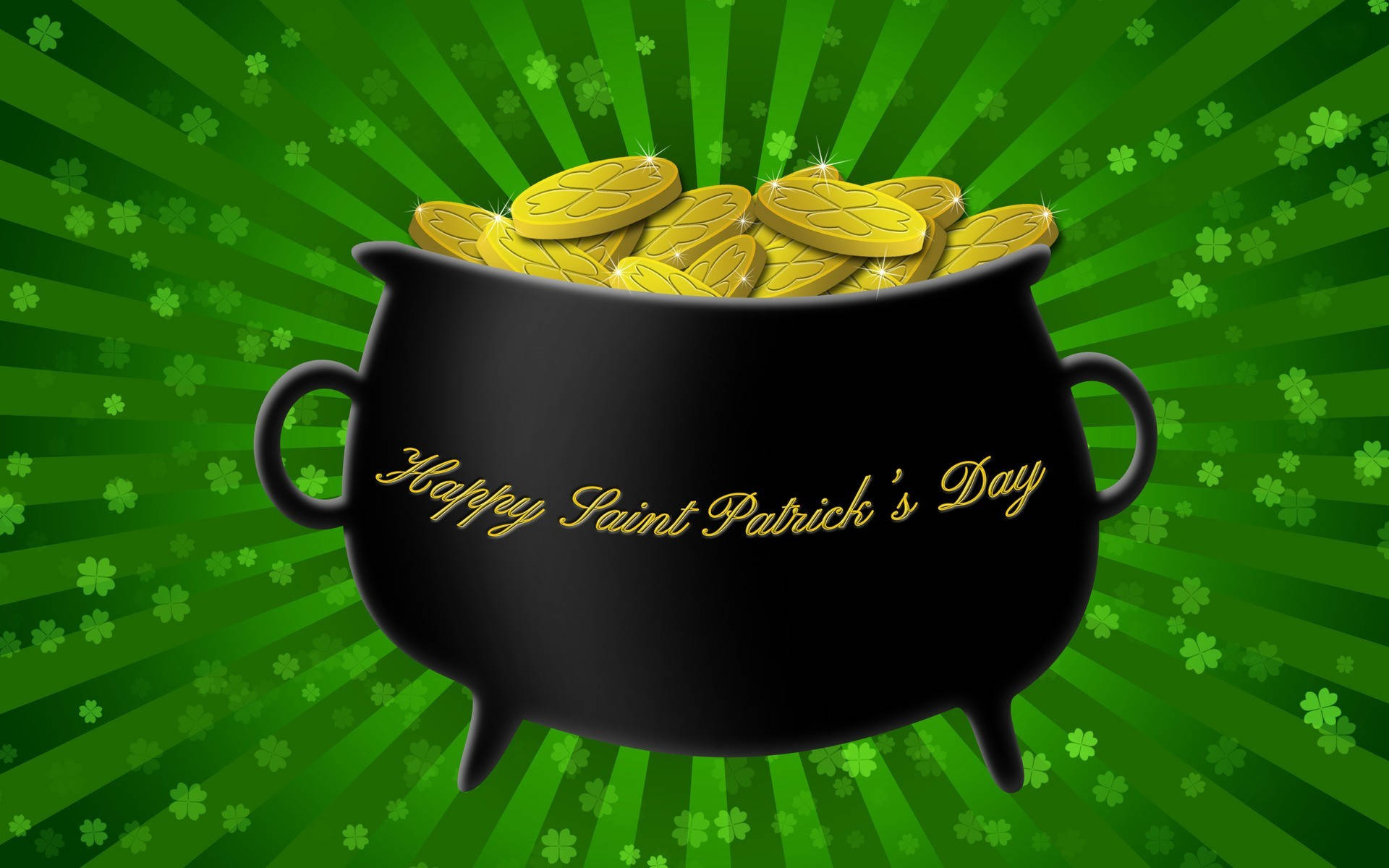 St Patrick's Day 桌布 壁紙 — 一個黑色大鍋，溢出金幣，背景是充滿活力的綠色徑向背景，點綴著三葉草。