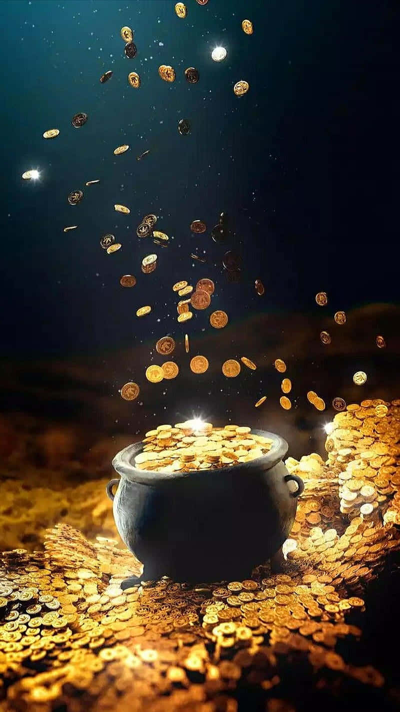 pot 桌布 壁紙 — 一個黑色大鍋溢出金幣，在黑暗星空背景下將寶藏灑向空中。