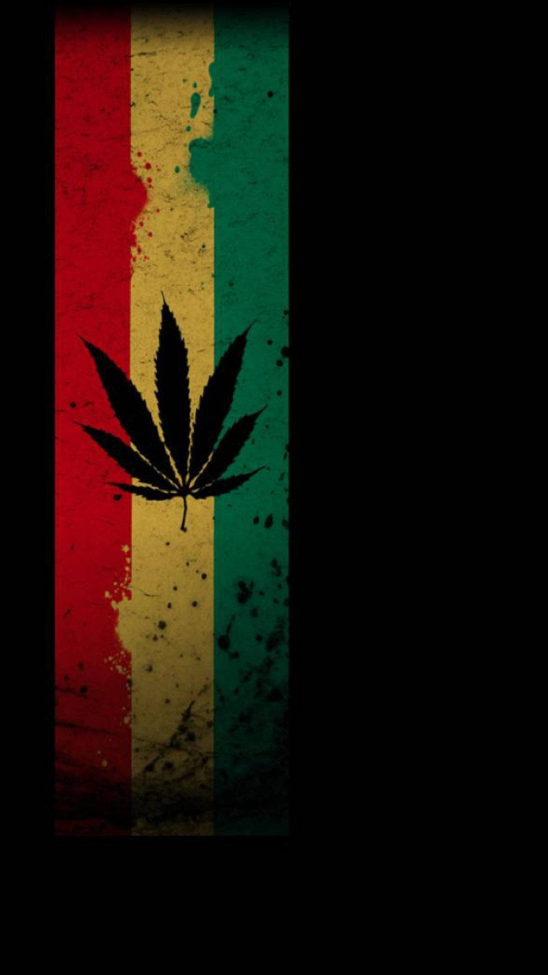 紅色動圖 桌布 壁紙 — 一個黑色大麻葉剪影，居中在一個磨損的垂直拉斯塔法里旗幟上，帶有紅、黃、綠條紋。