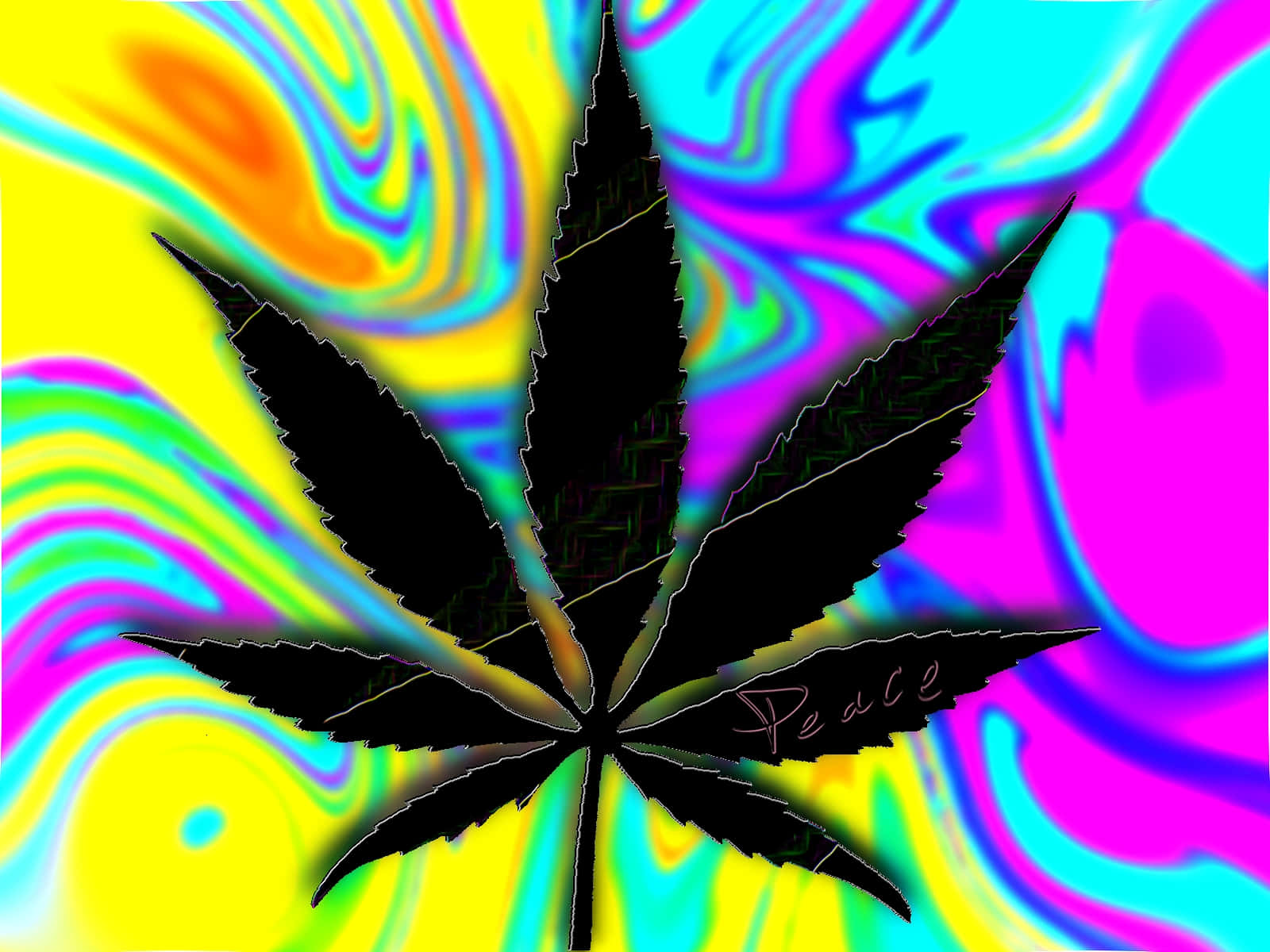 Psychedelic Weed 桌布 壁紙 — 一個黑色大麻葉剪影，帶有「Peace」字樣，漂浮在霓虹黃、粉紅和青色的迷幻漩渦背景上。