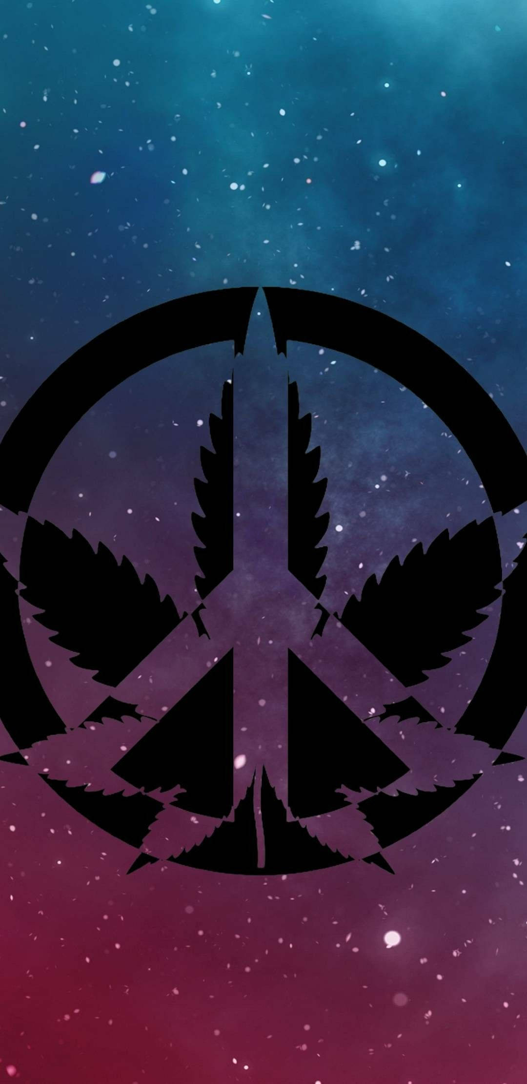 手機 桌布 壁紙 — 一個黑色大麻葉和平標誌漂浮在由青綠色、紫色和洋紅色星星組成的宇宙漸變天空中。
