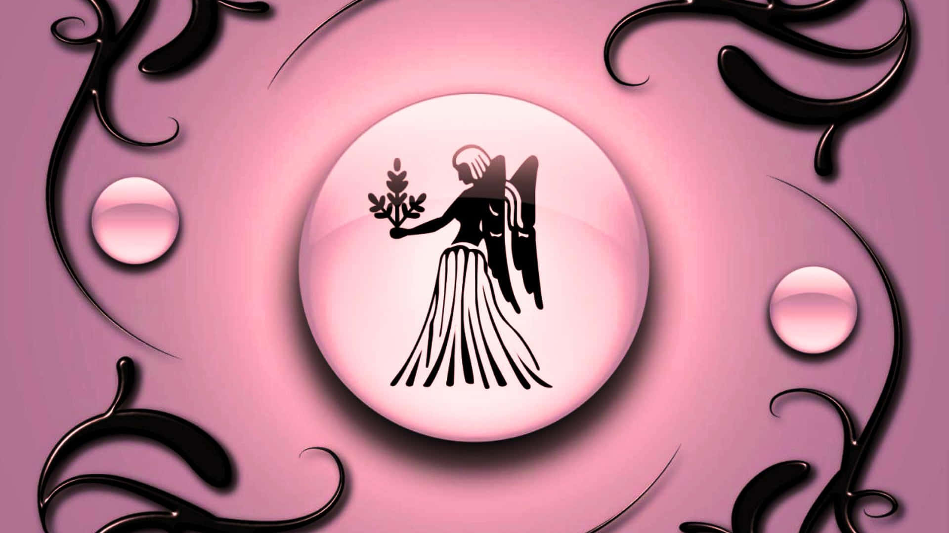 Virgo 桌布 壁紙 — 一個黑色天使剪影手持月桂葉，位於發光的粉紅色球體中央，周圍環繞著華麗的黑色漩渦，背景是柔和的粉紅色漸變。
