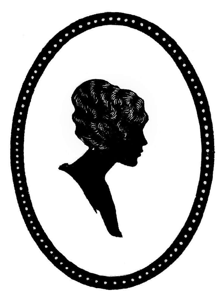 Silhouette 桌布 壁紙 — 一個黑色女性側面輪廓，帶有捲髮，位於橢圓形框架內，邊框為虛線。