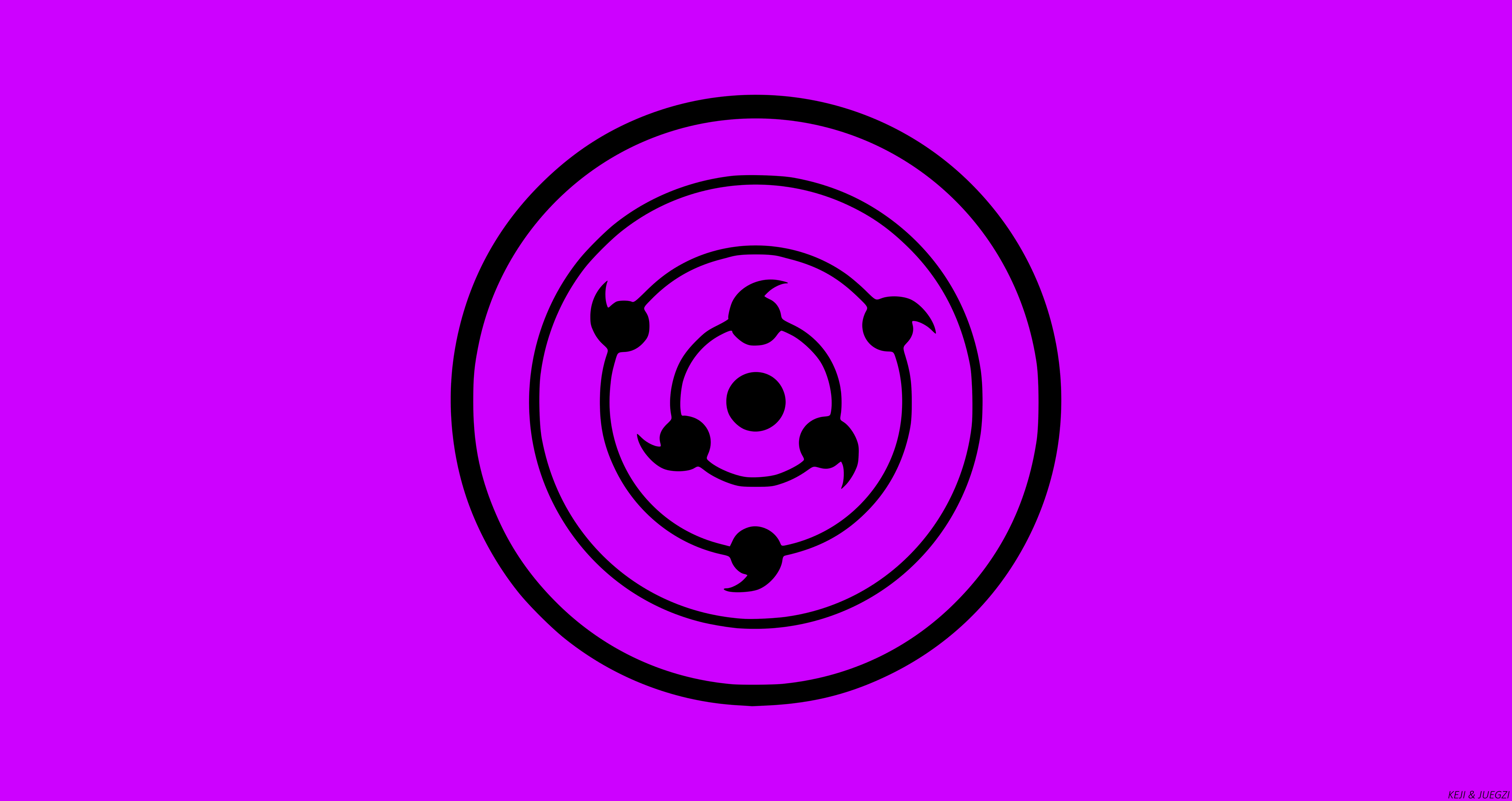 Minimalist Purple 桌布 壁紙 — 一個黑色宇智波一族標誌，中心有三個巴紋漩渦，置於充滿活力的紫色背景上。
