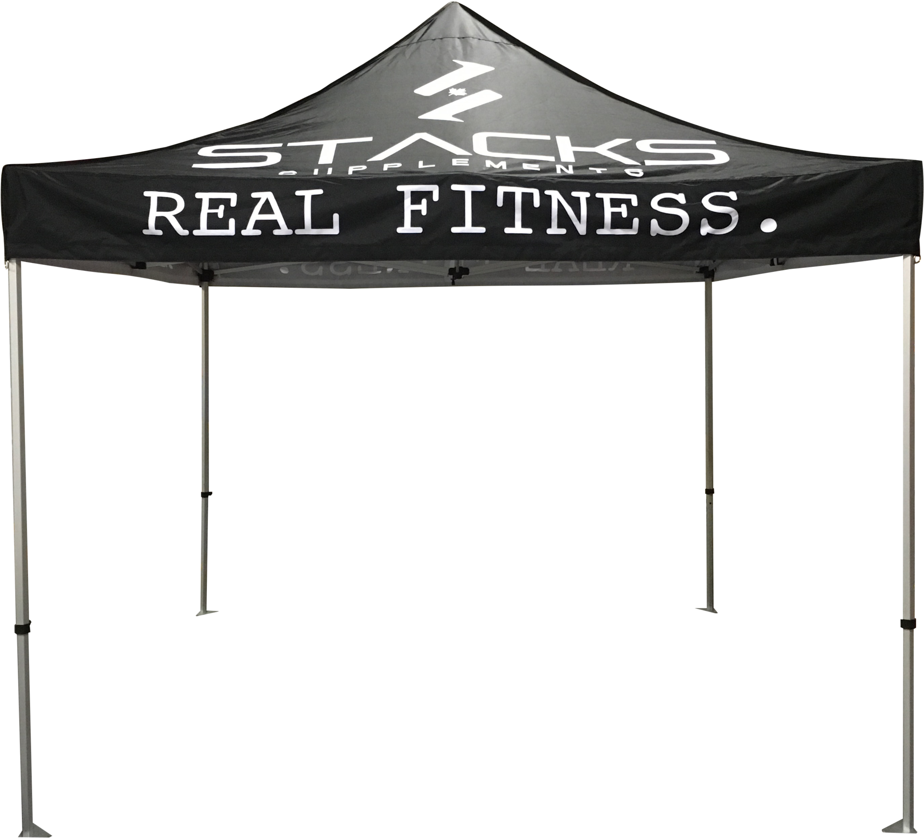 黑色 桌布 壁紙 — 一個黑色彈出式天篷帳篷，帶有白色 'STACKS SUPPLEMENTS REAL FITNESS' 品牌標誌，孤立地立在純黑色背景前。