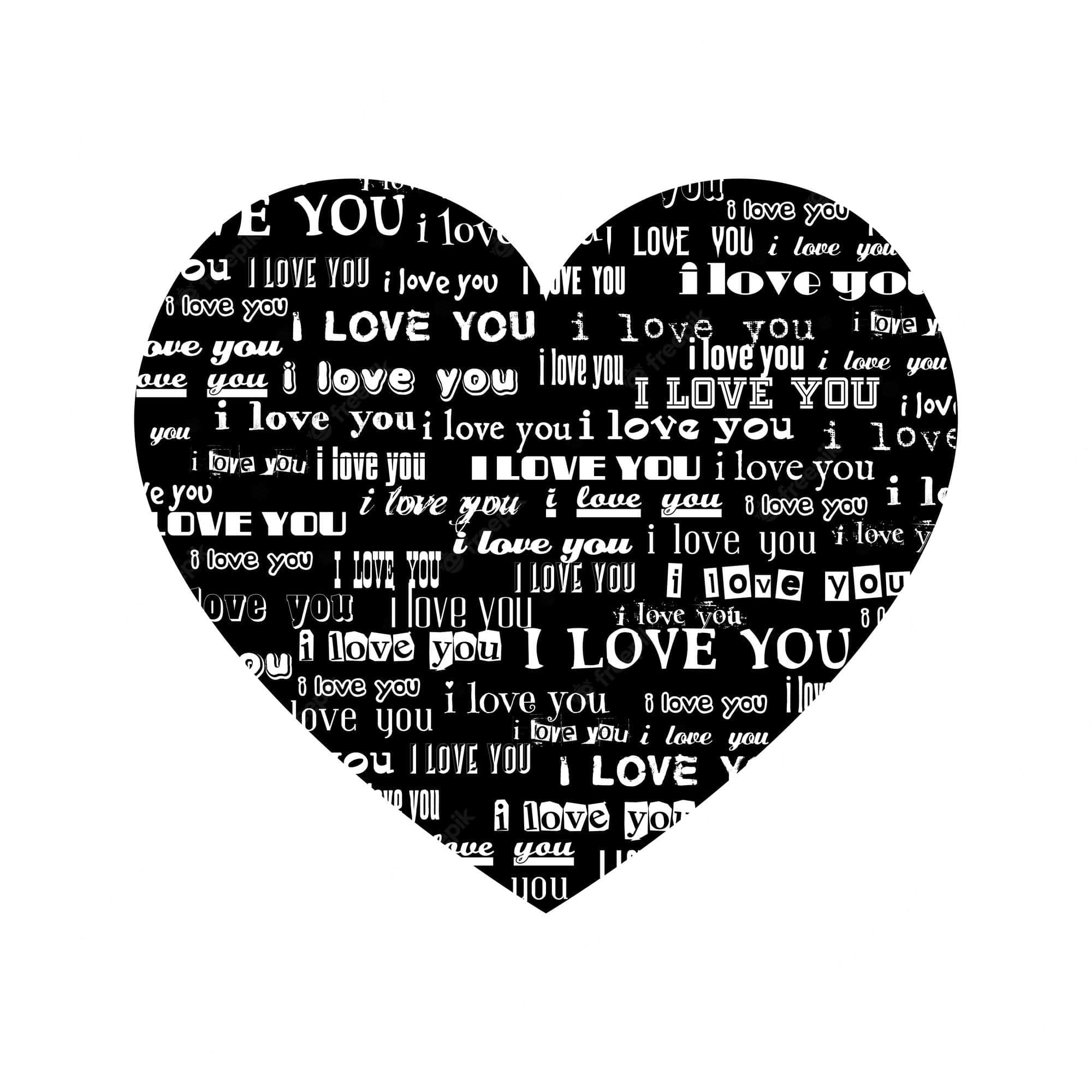 Black And White Heart 桌布 壁紙 — 一個黑色心形，裡面充滿了重複的白色文字「我愛你」，以多種字體顯示在白色背景上。
