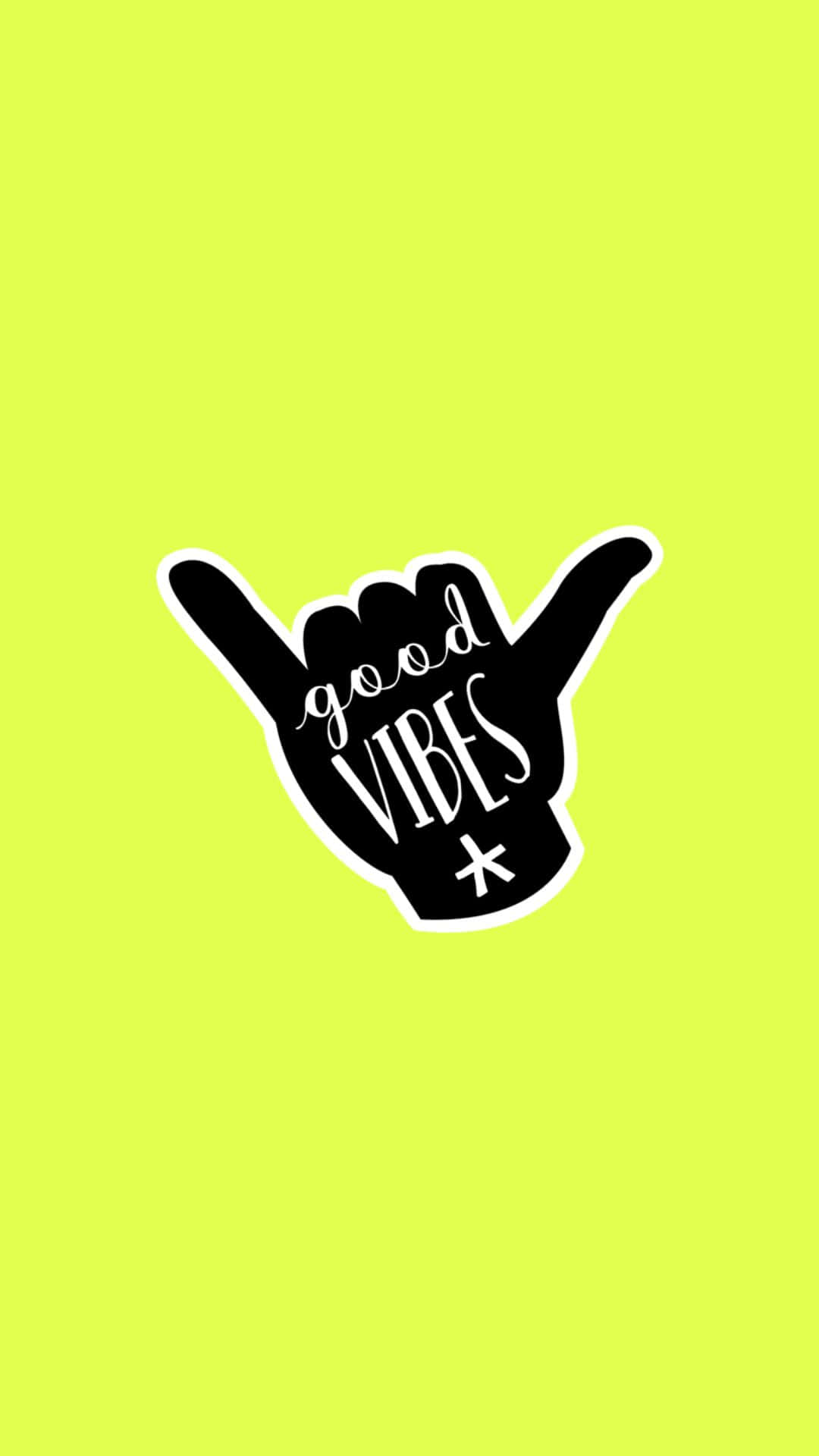 Black And Yellow 桌布 壁紙 — 一個黑色手勢貼紙，上面有 good vibes 文字，背景是明亮的萊姆綠色。