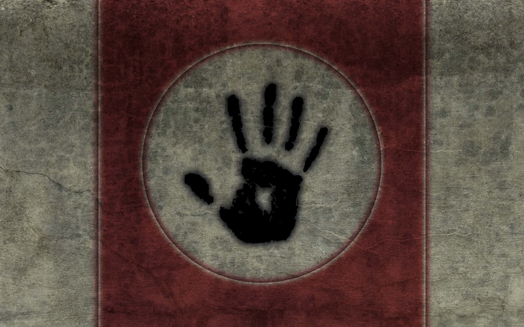 Dark Brotherhood 桌布 壁紙 — 一個黑色手印符號，居中於一個圓形灰色獎章內，獎章由一條有紋理的紅色條紋框住，背景為風化灰色。