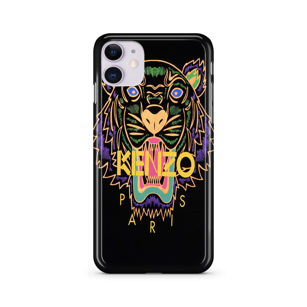 iPhone 桌布 壁紙 — 一個黑色手機殼上有一個充滿活力的風格化老虎頭，帶有霓虹輪廓，並以粗體黃色字母顯示KENZO PARIS字樣。