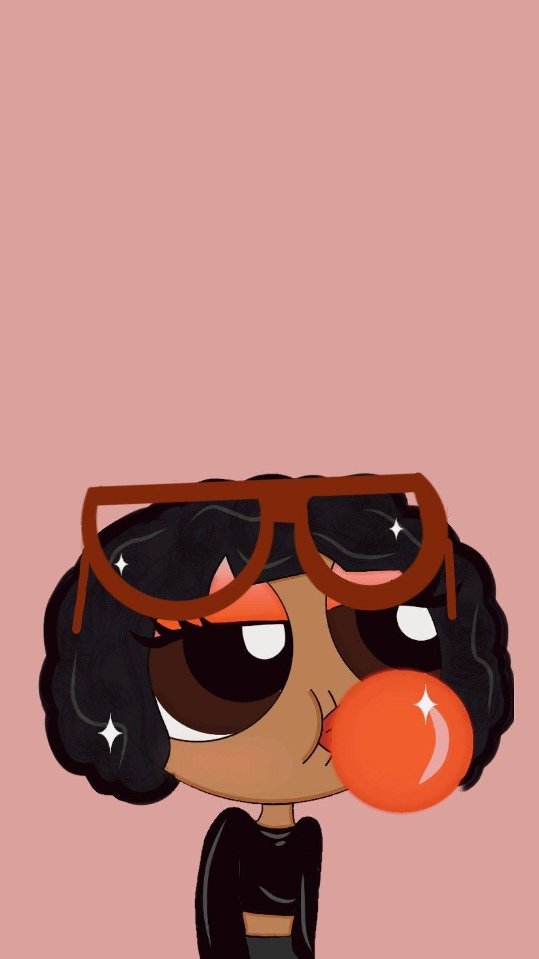 Powerpuff Girls 桌布 壁紙 — 一個黑色捲髮、戴著棕色眼鏡的卡通女孩，在柔和的粉紅色背景上吹出一個閃亮的橙色泡泡糖泡泡。