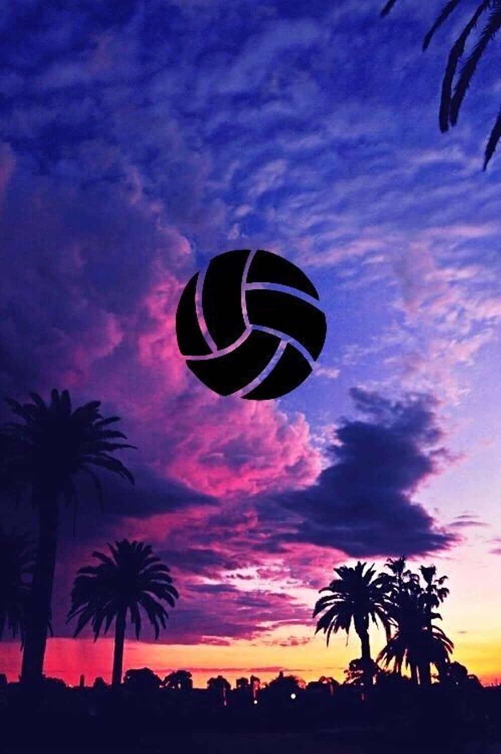 Volleyball 桌布 壁紙 — 一個黑色排球剪影漂浮在充滿活力的紫色、粉紅色和橙色日落天空，以棕櫚樹剪影為框。