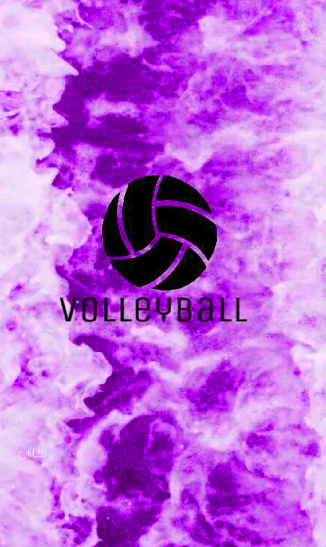Volleyball Ball 桌布 壁紙 — 一個黑色排球圖示和文字漂浮在充滿活力的紫色和白色水彩潑濺背景上。