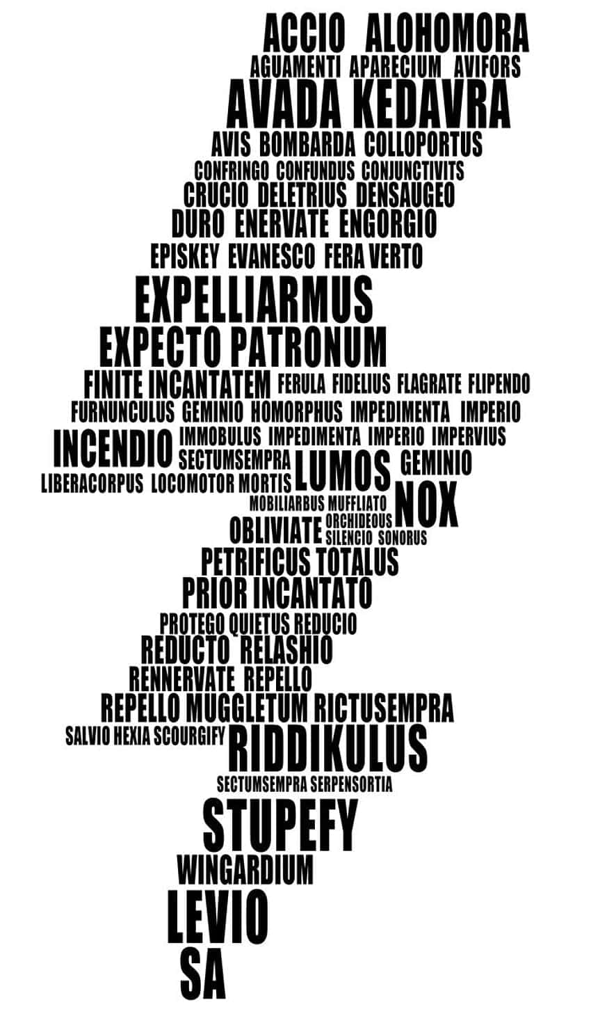 Magic Spells 桌布 壁紙 — 一個黑色文字剪影，由哈利波特咒語如Expelliarmus和Lumos組成的巫師魔杖，背景為白色。