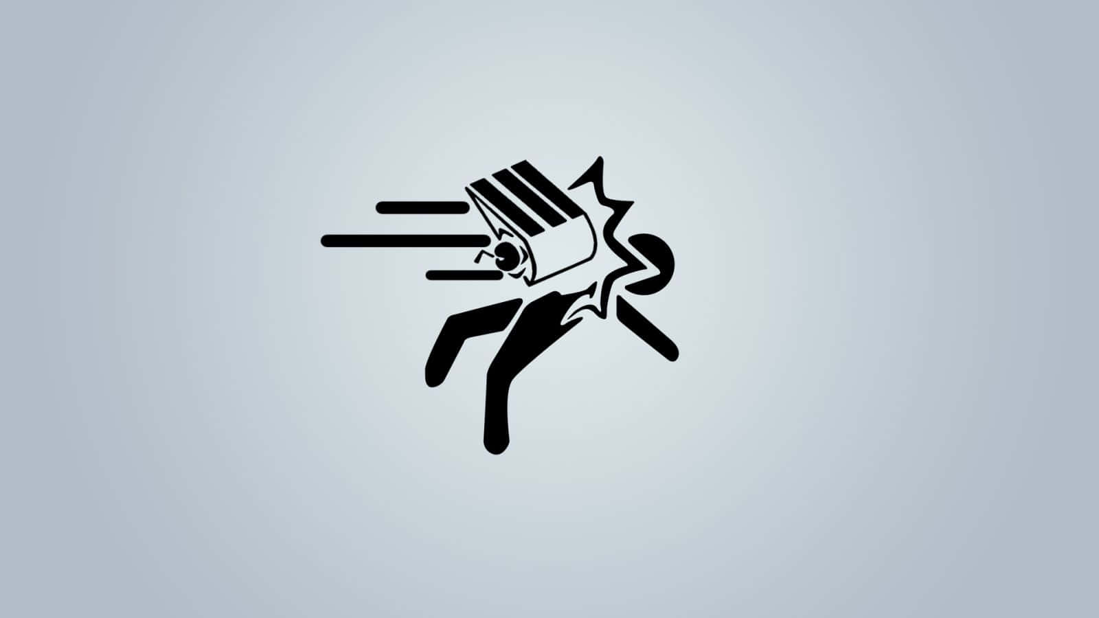 Portal 桌布 壁紙 — 一個黑色極簡圖示顯示一個風格化的人物被一個帶有運動線條的高速包裹擊中。