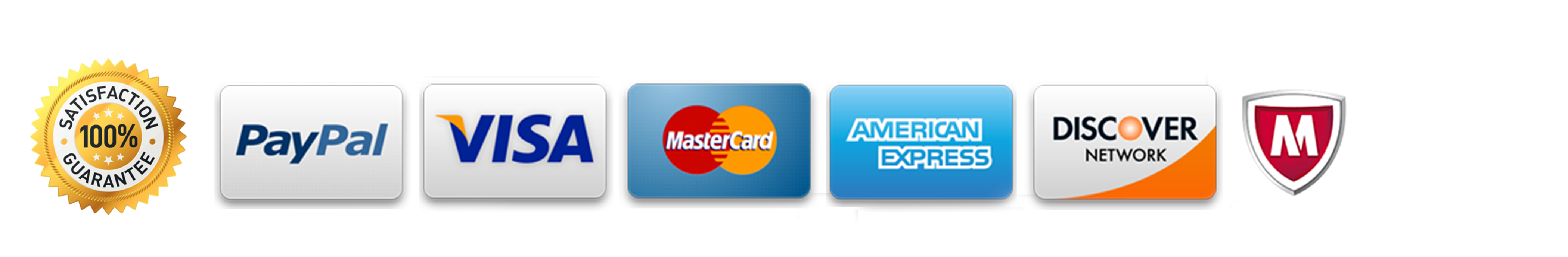 美國運通 桌布 壁紙 — 一個黑色橫幅顯示付款標誌，包括 PayPal、Visa、MasterCard、American Express、Discover 和 McAfee Secure，並帶有滿意保證印章。