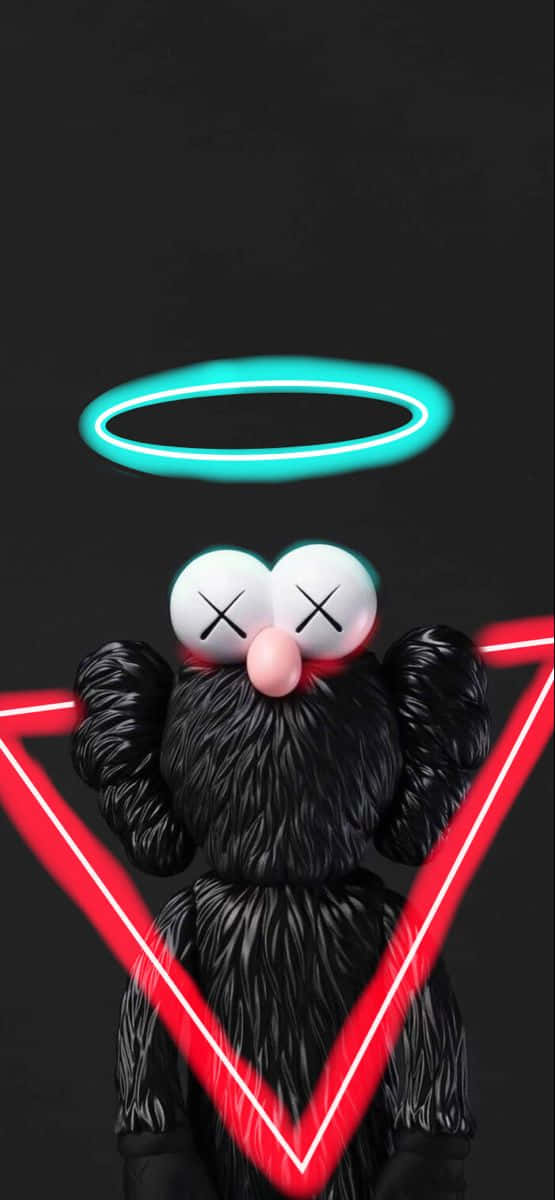 kaws pc 桌布 壁紙 — 一個黑色毛茸茸的KAWS公仔，有X形眼睛和粉紅色鼻子，戴著發光的青色光環，站在紅色霓虹三角形內，背景為深色。
