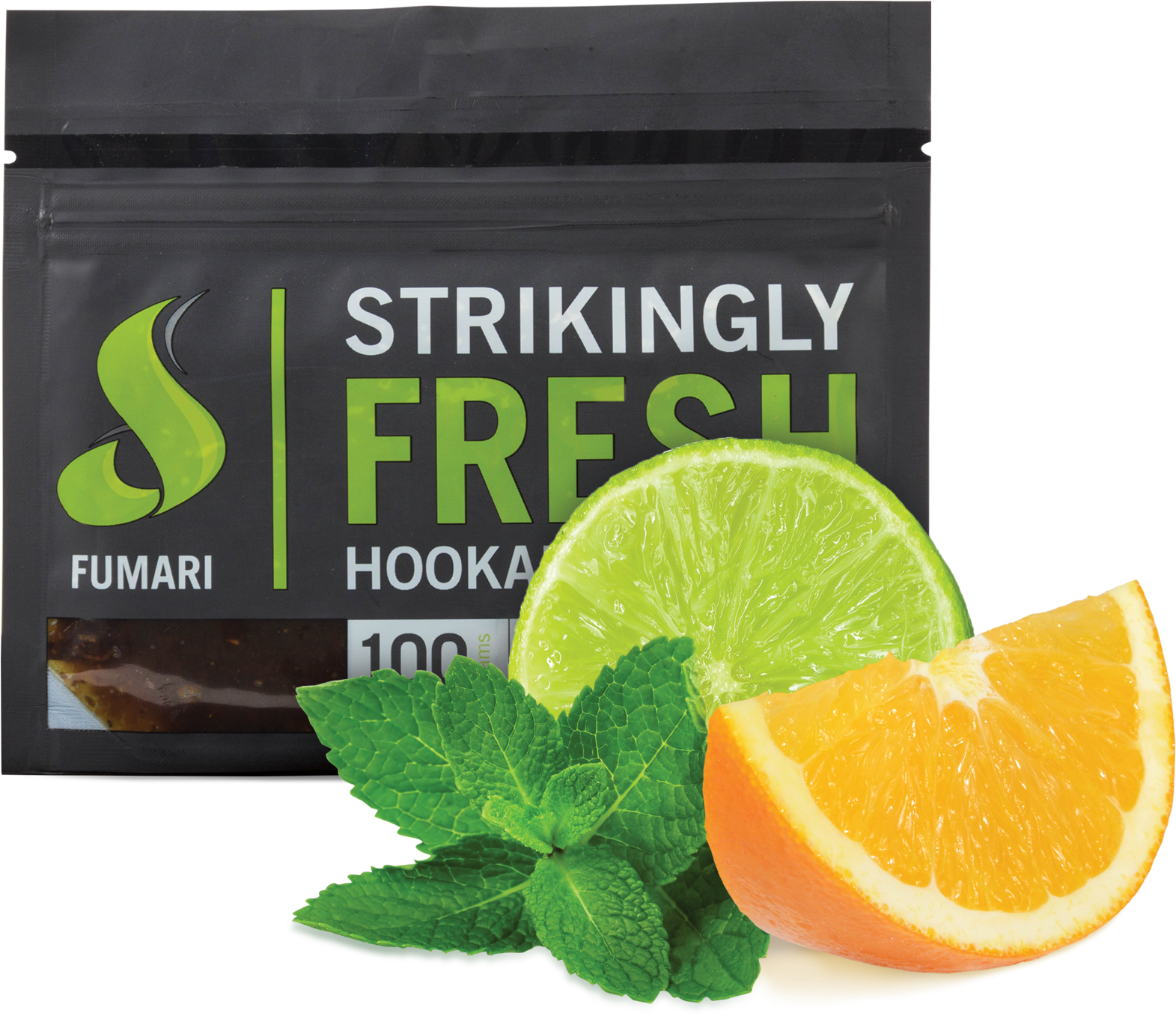 Lime 桌布 壁紙 — 一個黑色水煙煙草袋，標有「Strikingly Fresh」，旁邊放著鮮豔的青檸橙片和薄荷葉。