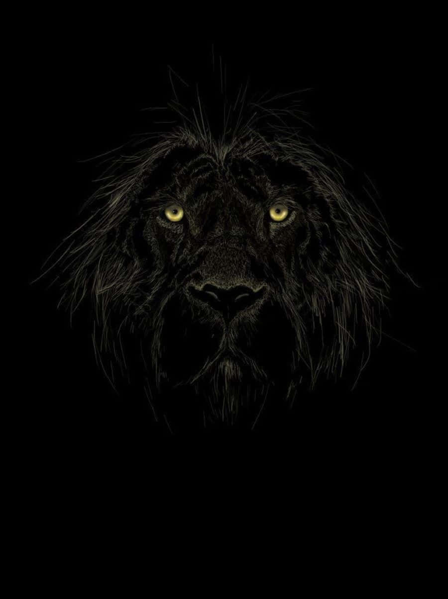 Black Lion 桌布 壁紙 — 一個黑色獅子頭，帶有發光的黃色眼睛，在純黑色背景上強烈凝視。