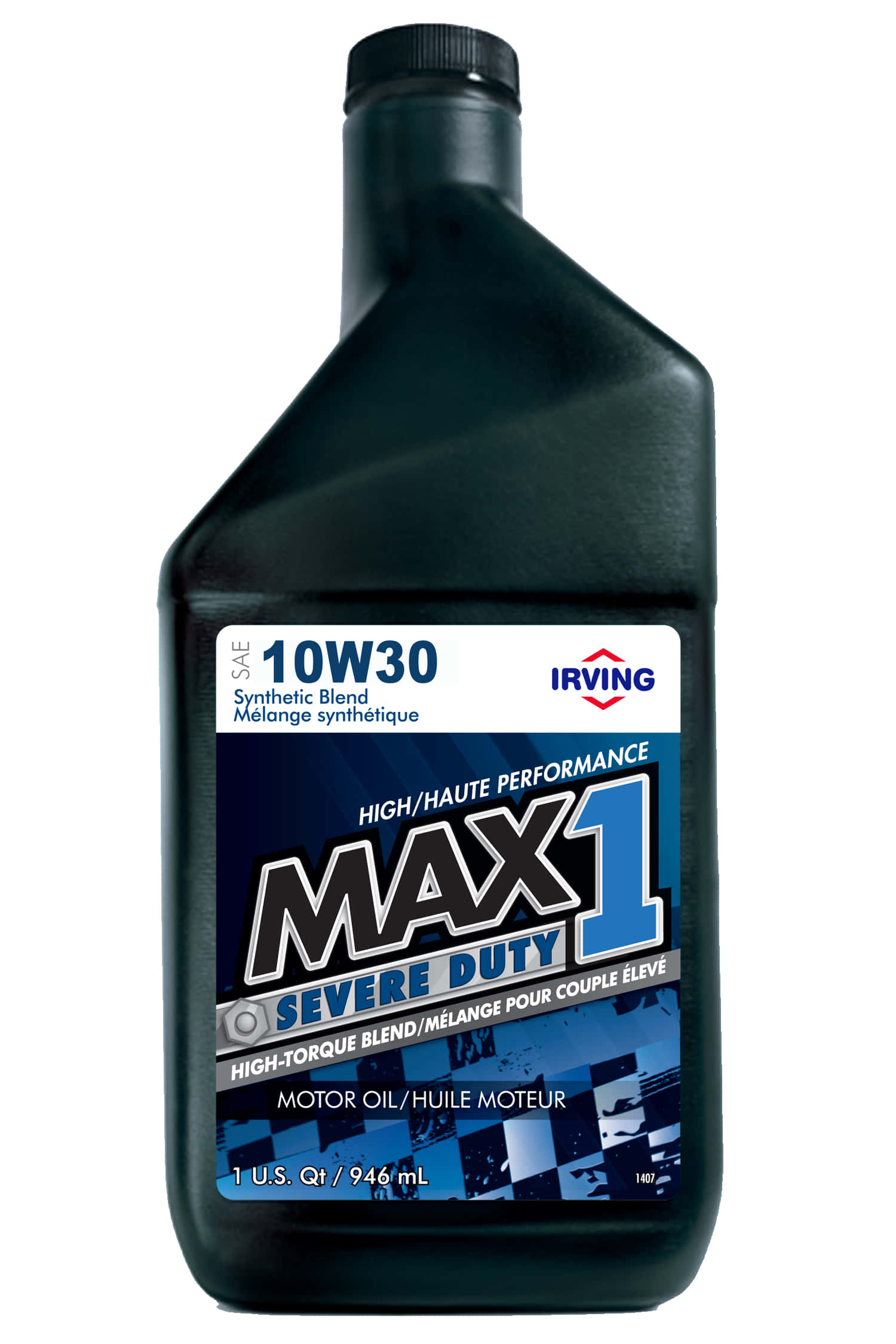 引擎油 桌布 壁紙 — 一個黑色瓶裝 Irving Max1 10W30 合成機油，帶有醒目的藍白標籤，背景為白色。